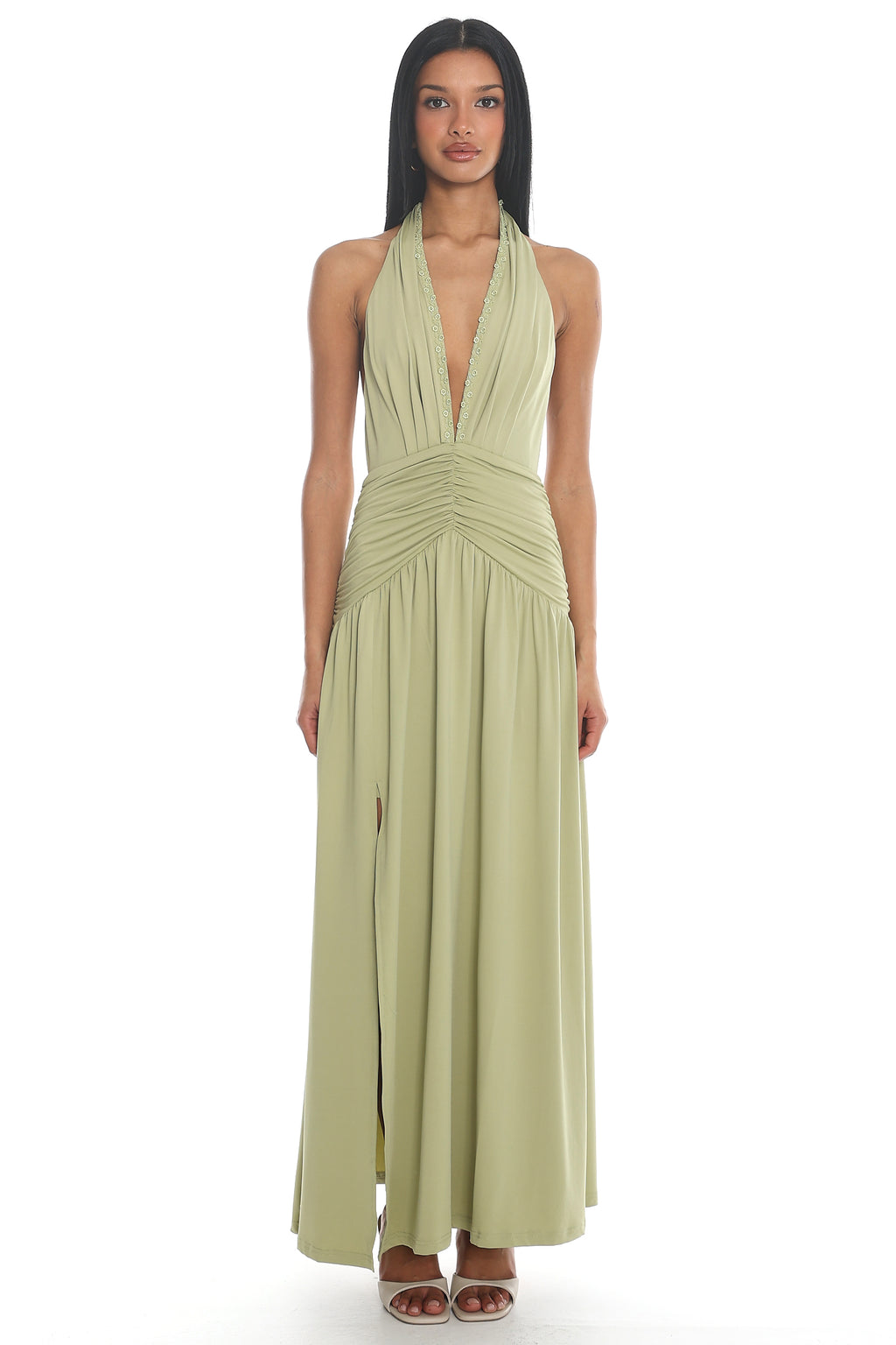 Tanya Halterneck Ruched Maxi Dress Sage