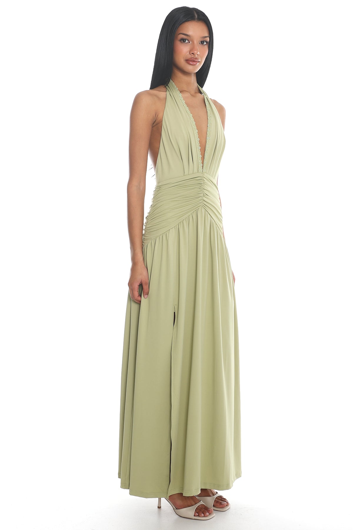 Tanya Halterneck Ruched Maxi Dress Sage