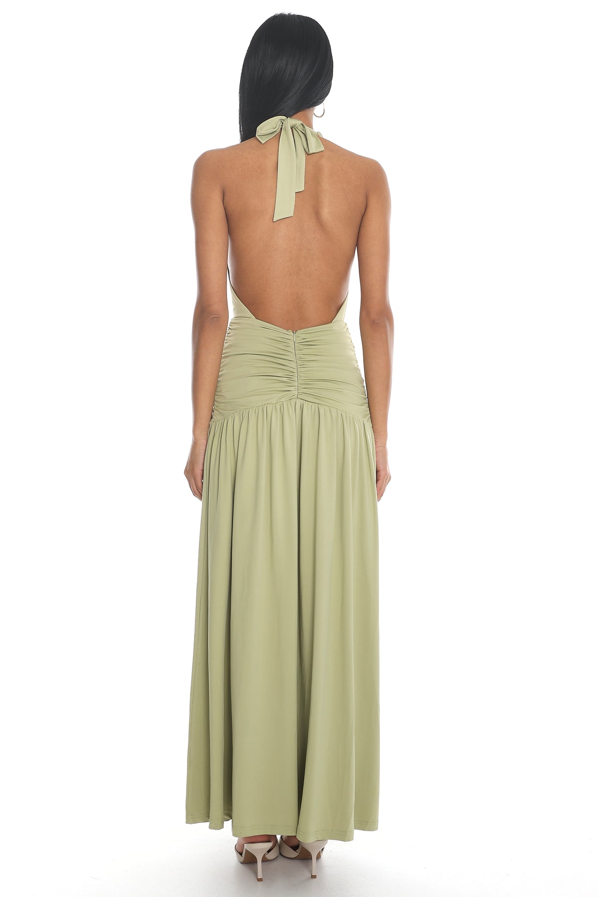 Tanya Halterneck Ruched Maxi Dress Sage