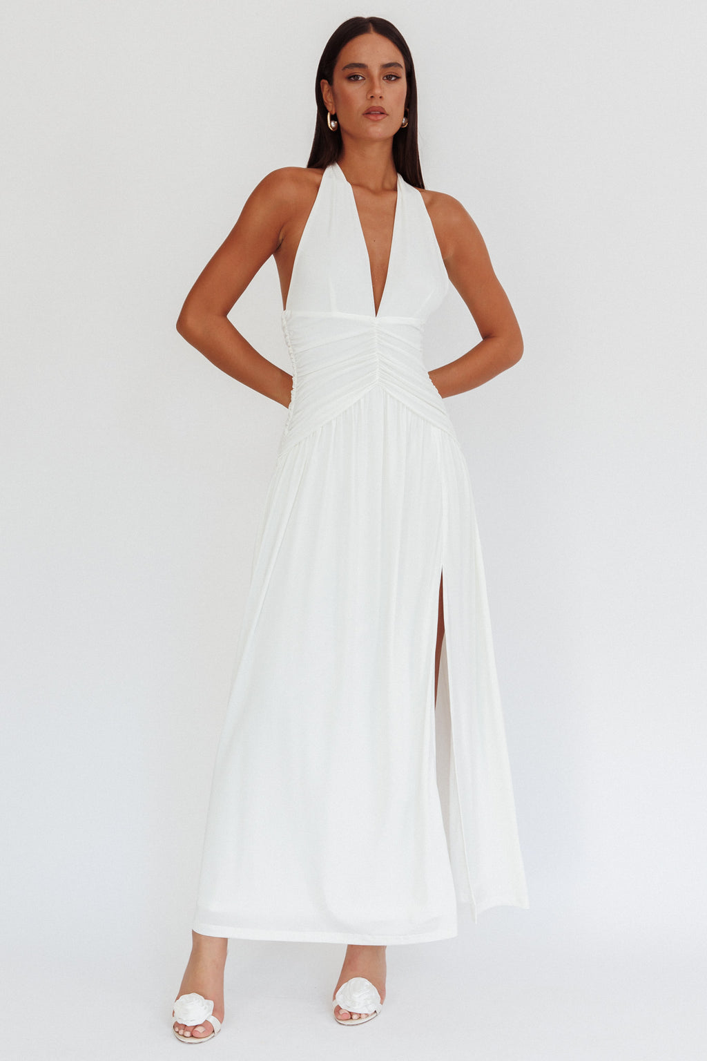 Italia Azure Gathered Waist Maxi Dress White by Selfie Leslie Australia