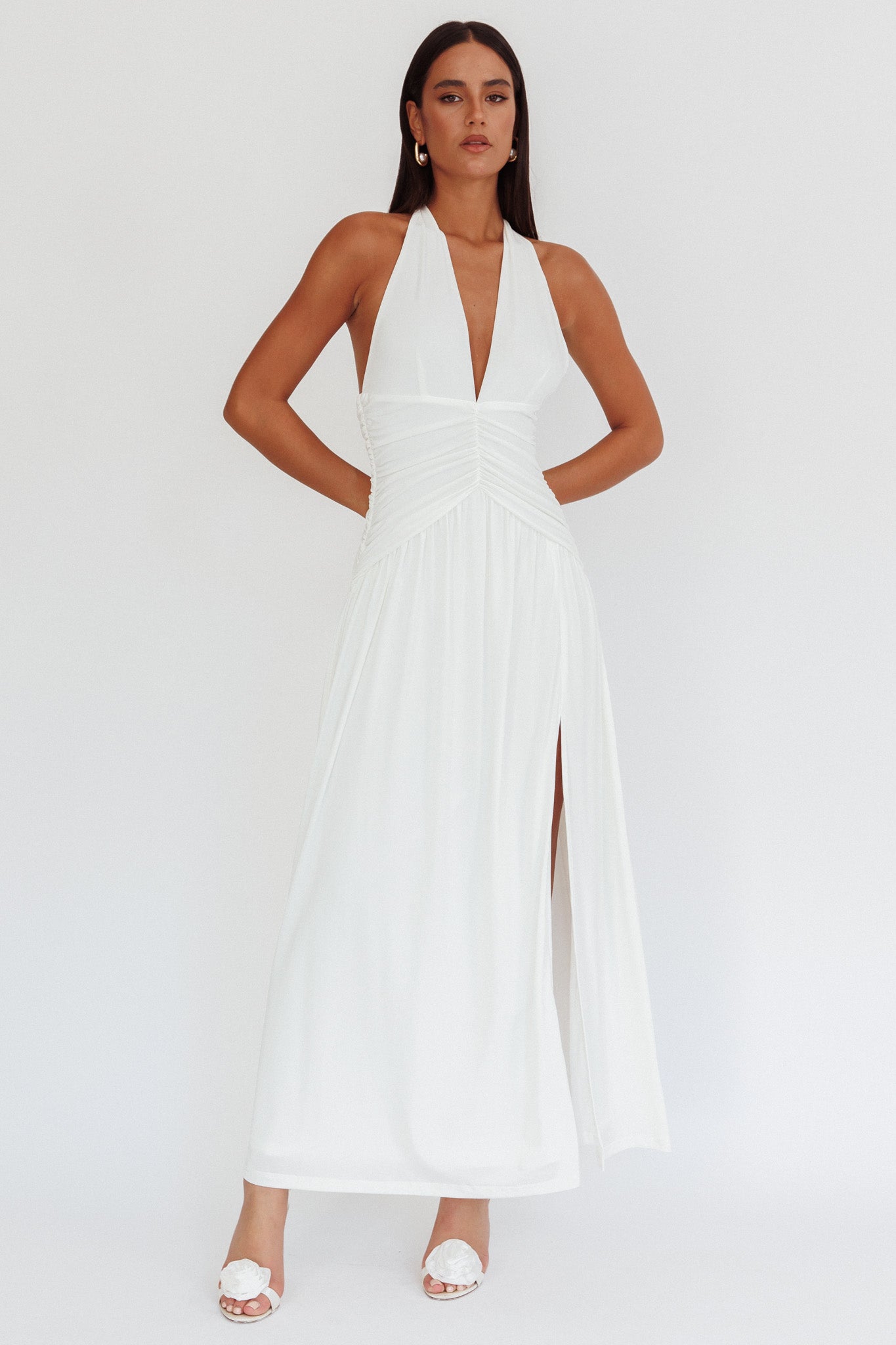 Italia Azure Gathered Waist Maxi Dress White by Selfie Leslie Australia