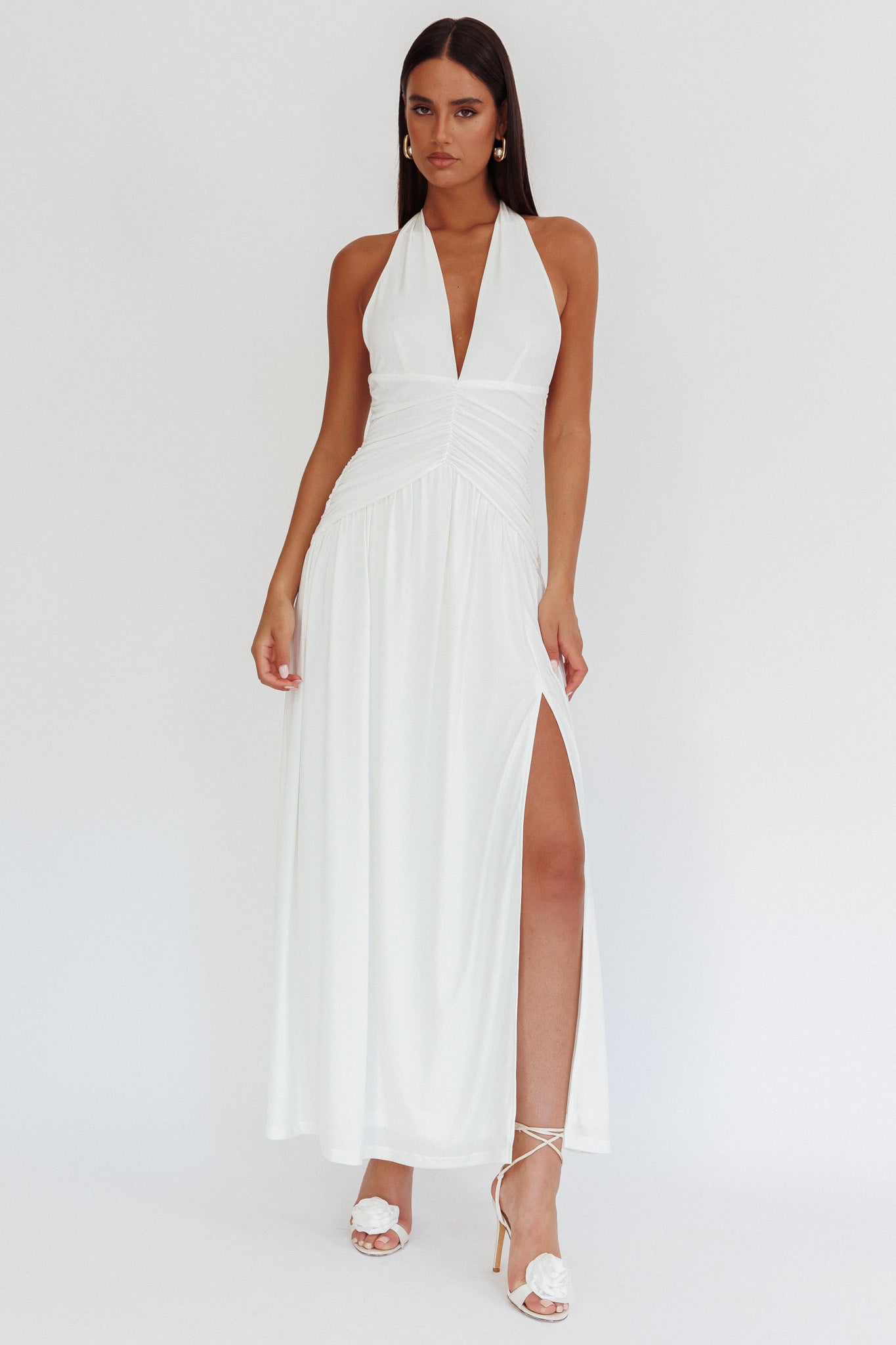 Italia Azure Gathered Waist Maxi Dress White by Selfie Leslie Australia