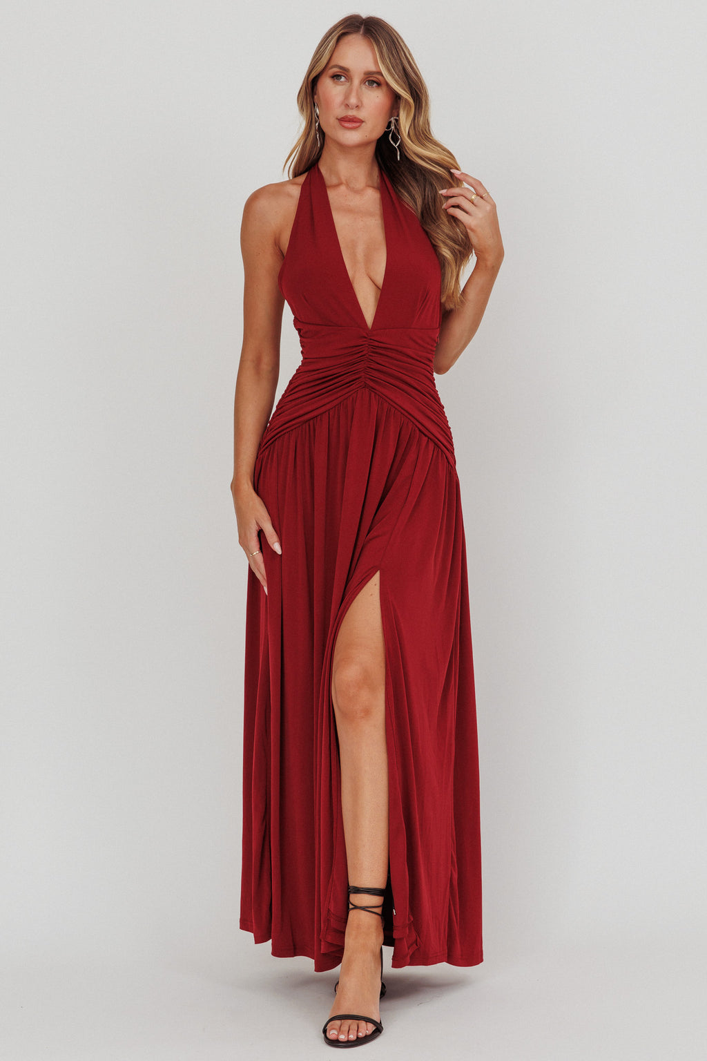 Italia Azure Gathered Waist Maxi Dress Wine by Selfie Leslie Australia