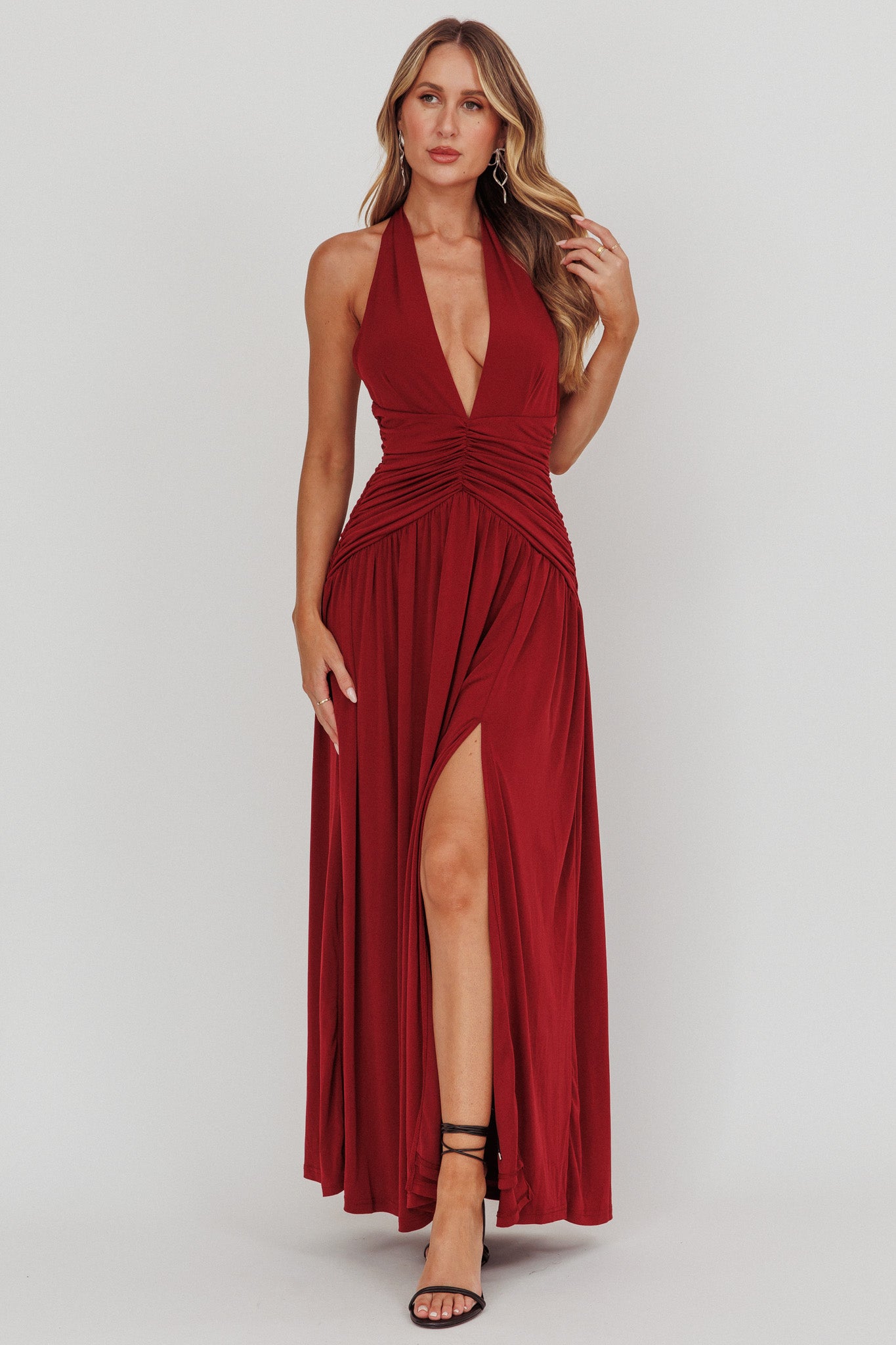 Italia Azure Gathered Waist Maxi Dress Wine by Selfie Leslie Australia
