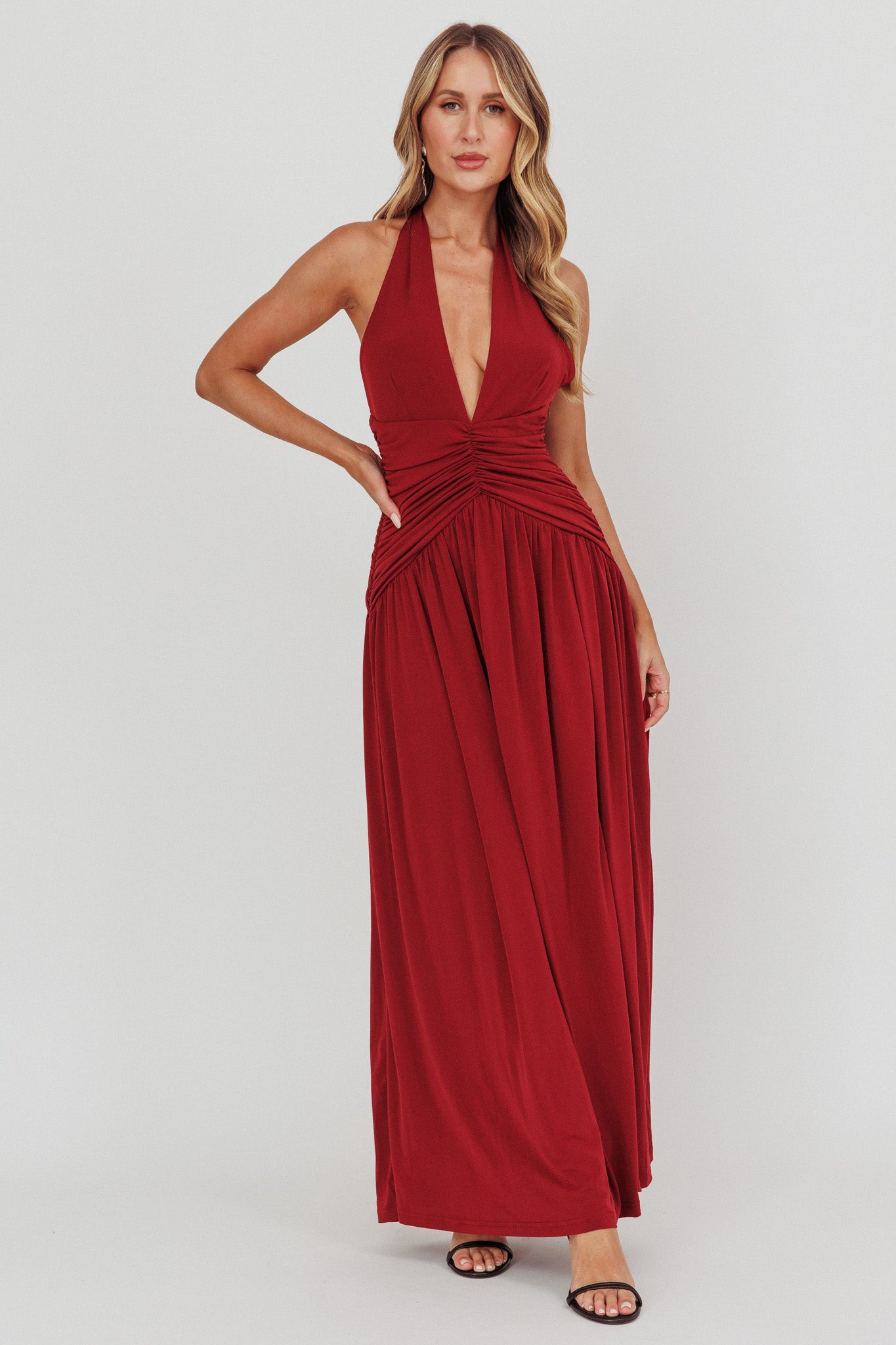 Italia Azure Gathered Waist Maxi Dress Wine by Selfie Leslie Australia
