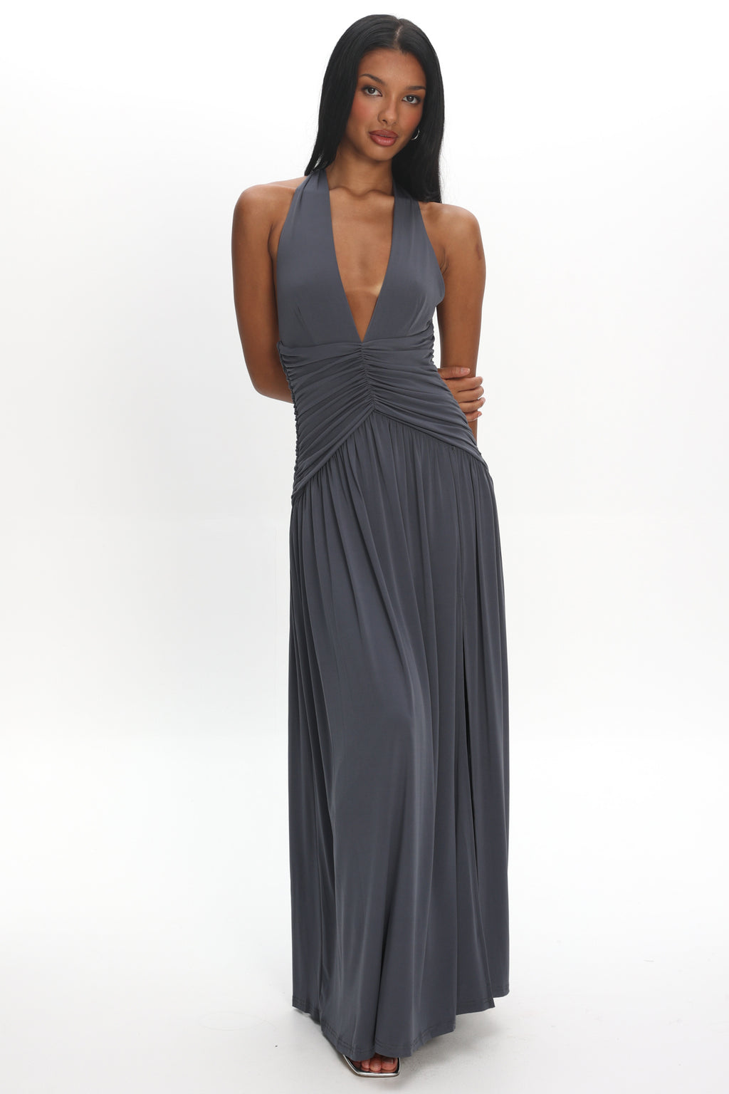 Italia Azure Gathered Waist Maxi Dress Charcoal by Selfie Leslie Australia