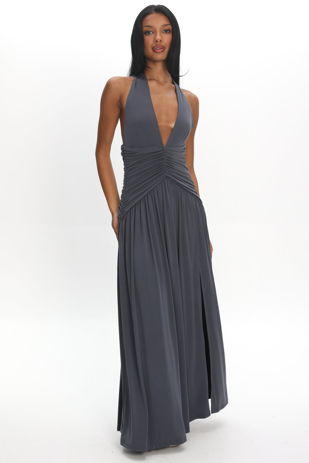 Italia Azure Gathered Waist Maxi Dress Charcoal by Selfie Leslie Australia