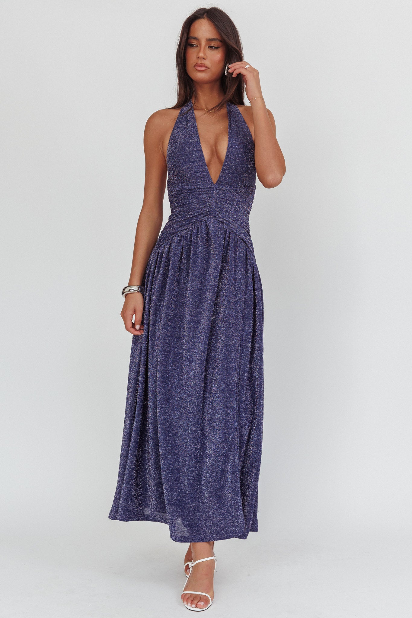 Italia Azure Gathered Waist Maxi Dress Shimmer Navy by Selfie Leslie Australia