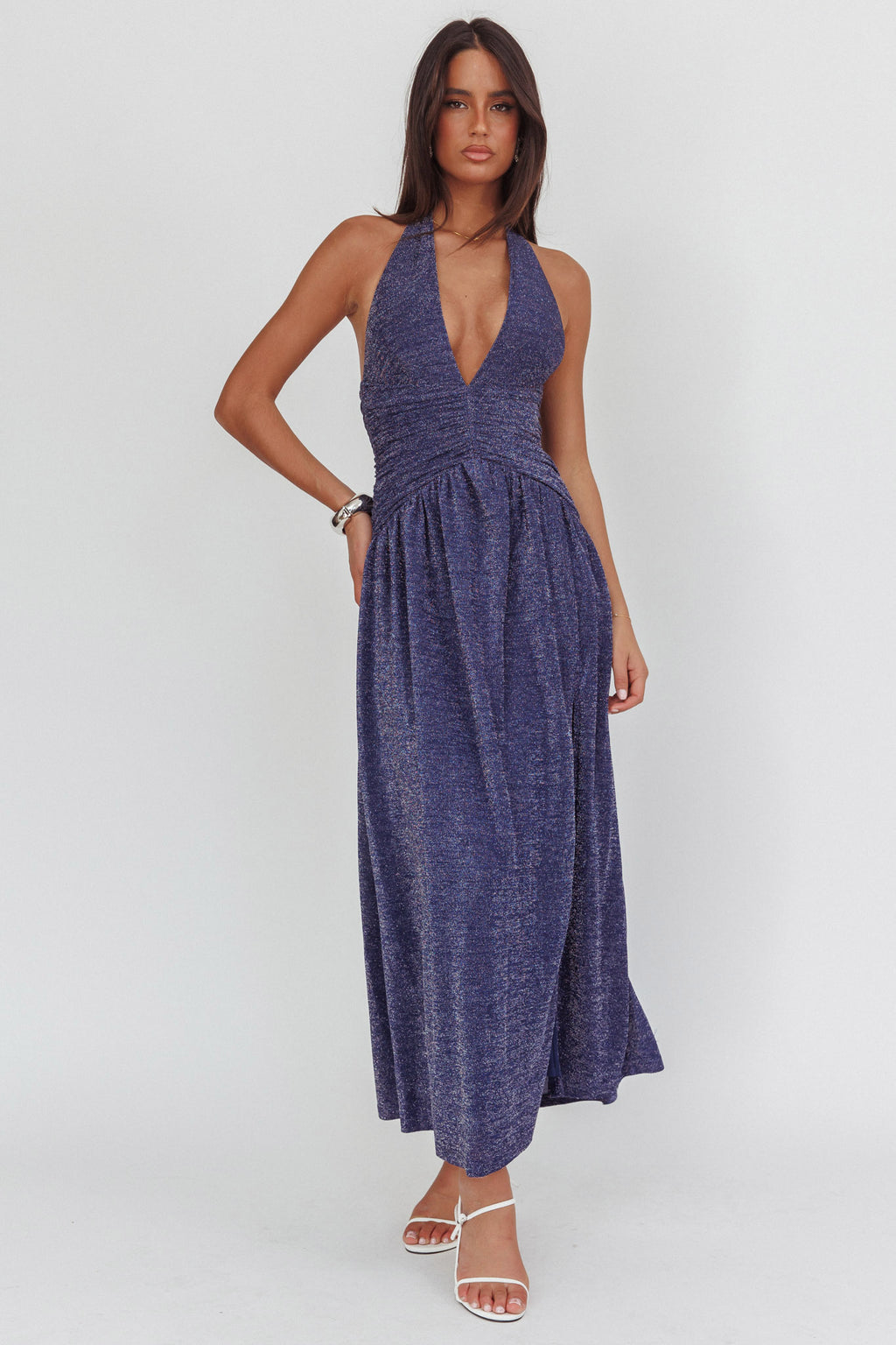 Italia Azure Gathered Waist Maxi Dress Shimmer Navy by Selfie Leslie Australia
