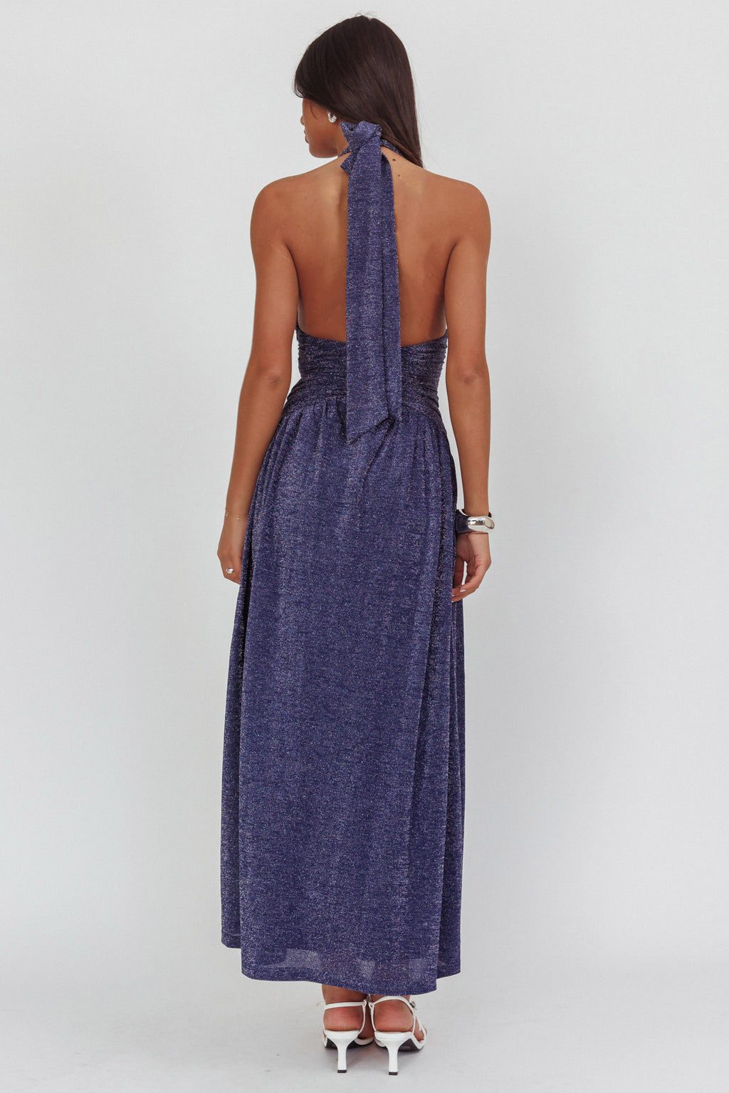 Italia Azure Gathered Waist Maxi Dress Shimmer Navy by Selfie Leslie Australia