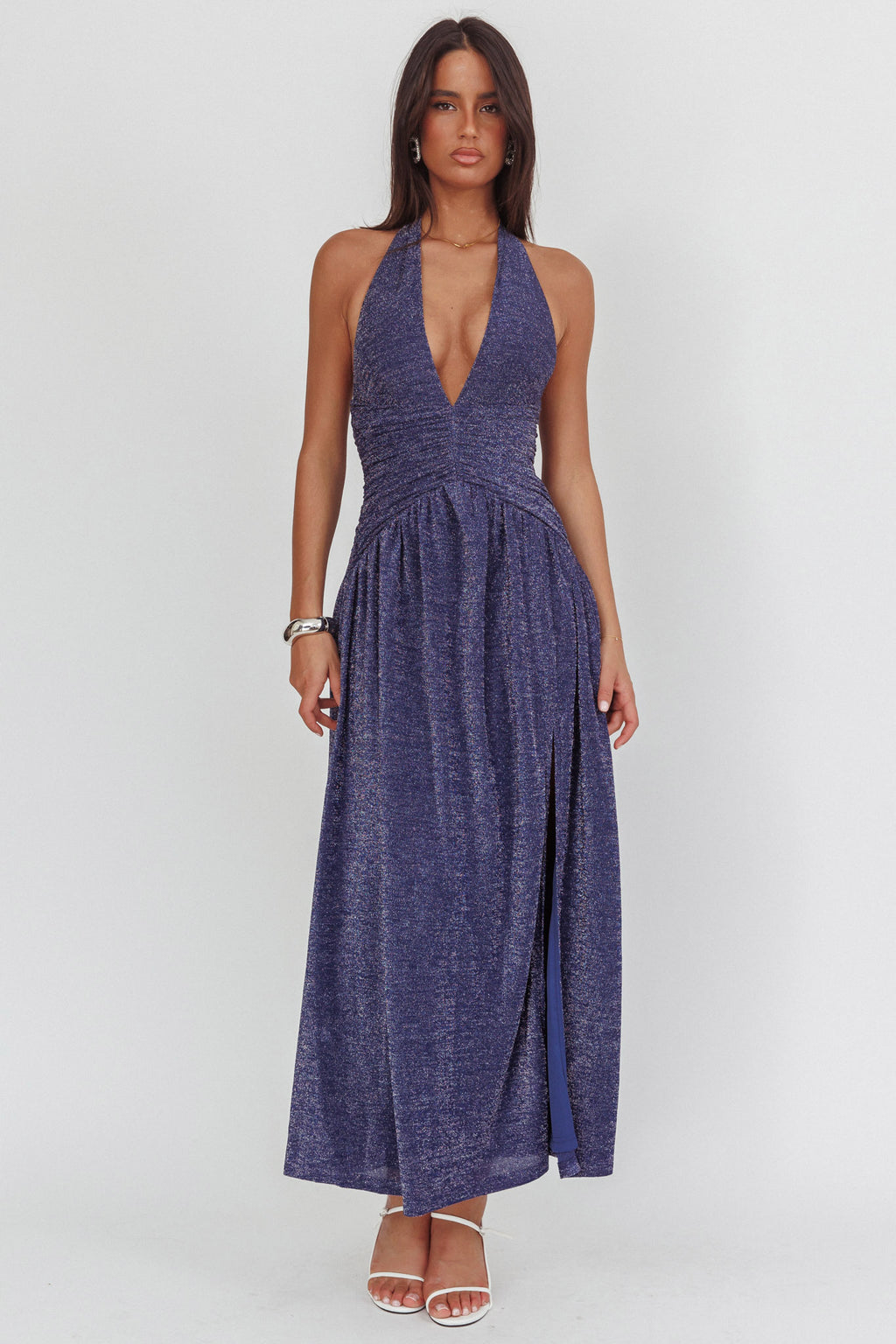 Italia Azure Gathered Waist Maxi Dress Shimmer Navy by Selfie Leslie Australia