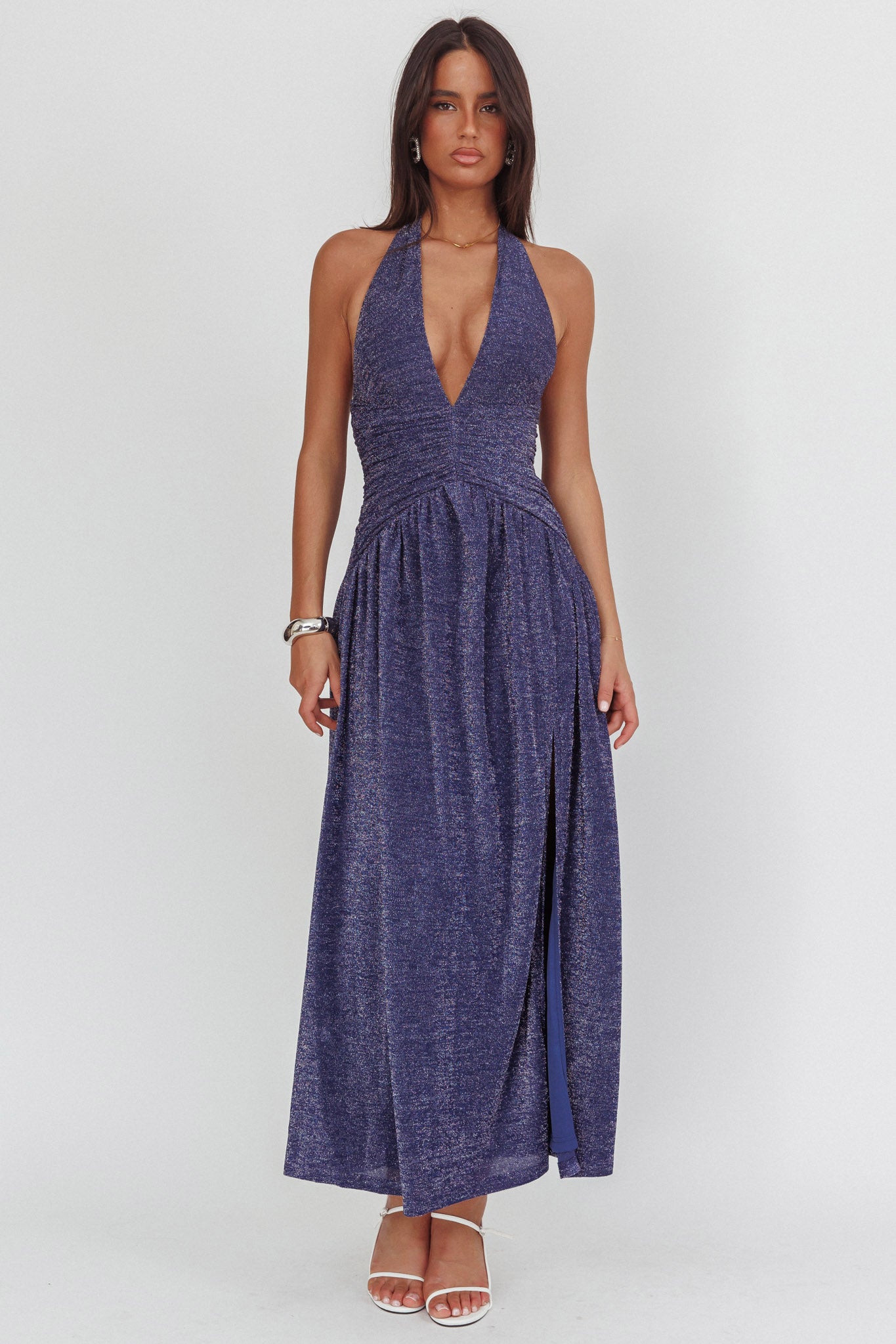 Italia Azure Gathered Waist Maxi Dress Shimmer Navy by Selfie Leslie Australia