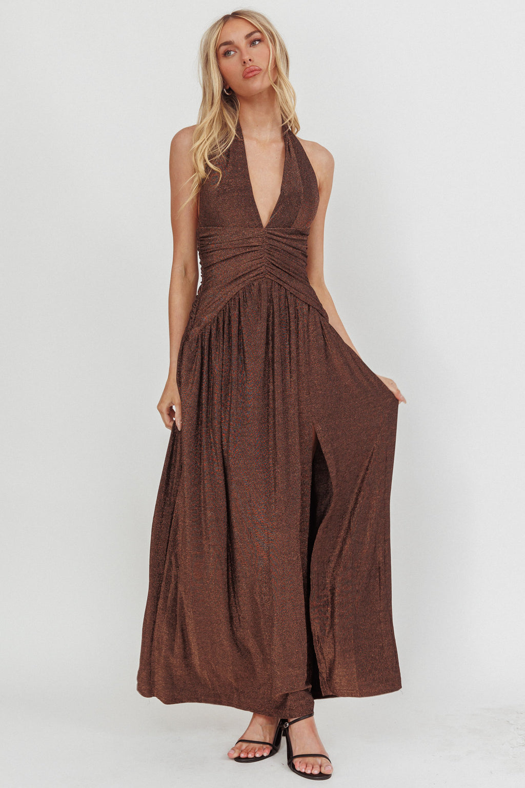 Italia Azure Gathered Waist Maxi Dress Shimmer Chocolate by Selfie Leslie Australia