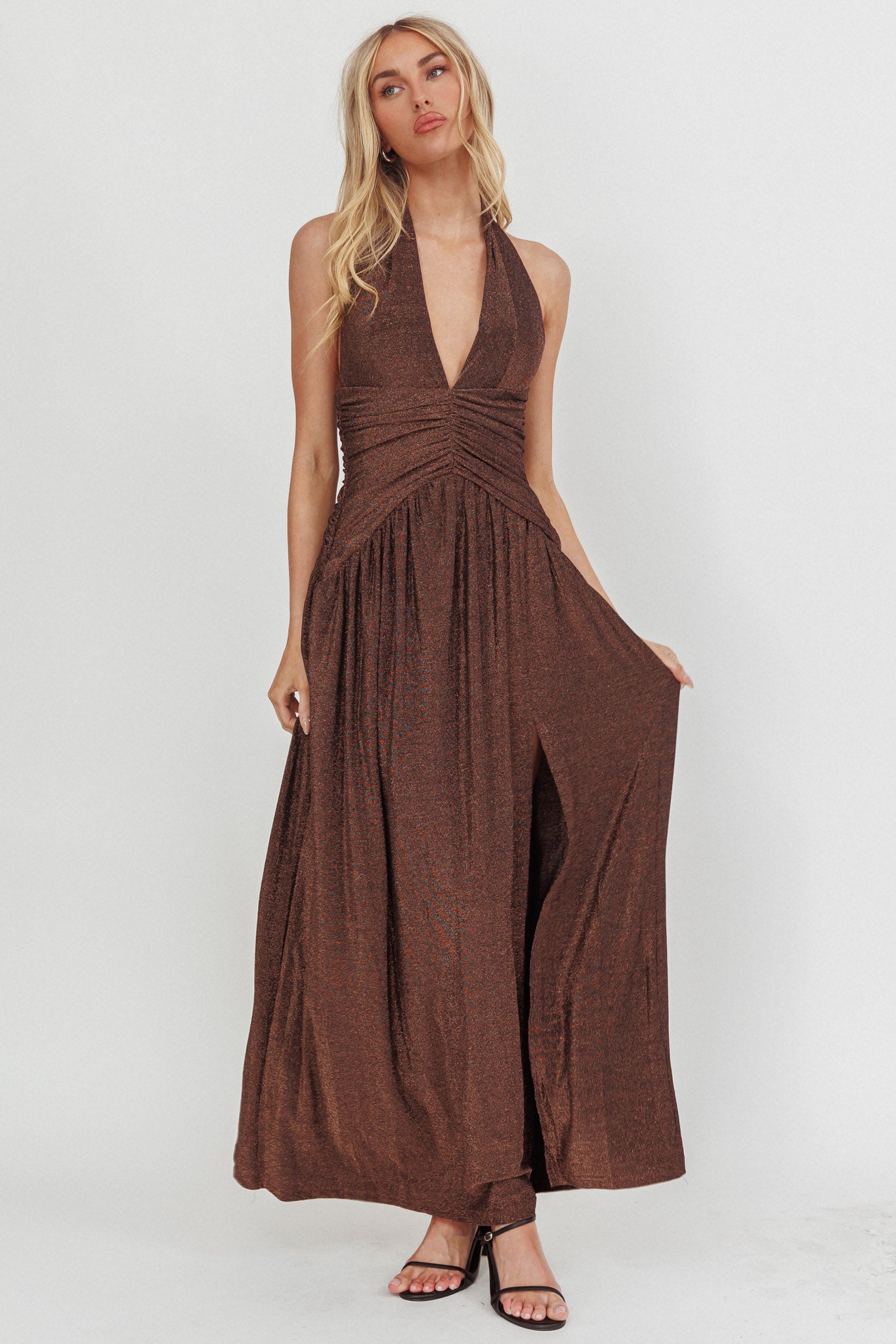 Italia Azure Gathered Waist Maxi Dress Shimmer Chocolate by Selfie Leslie Australia