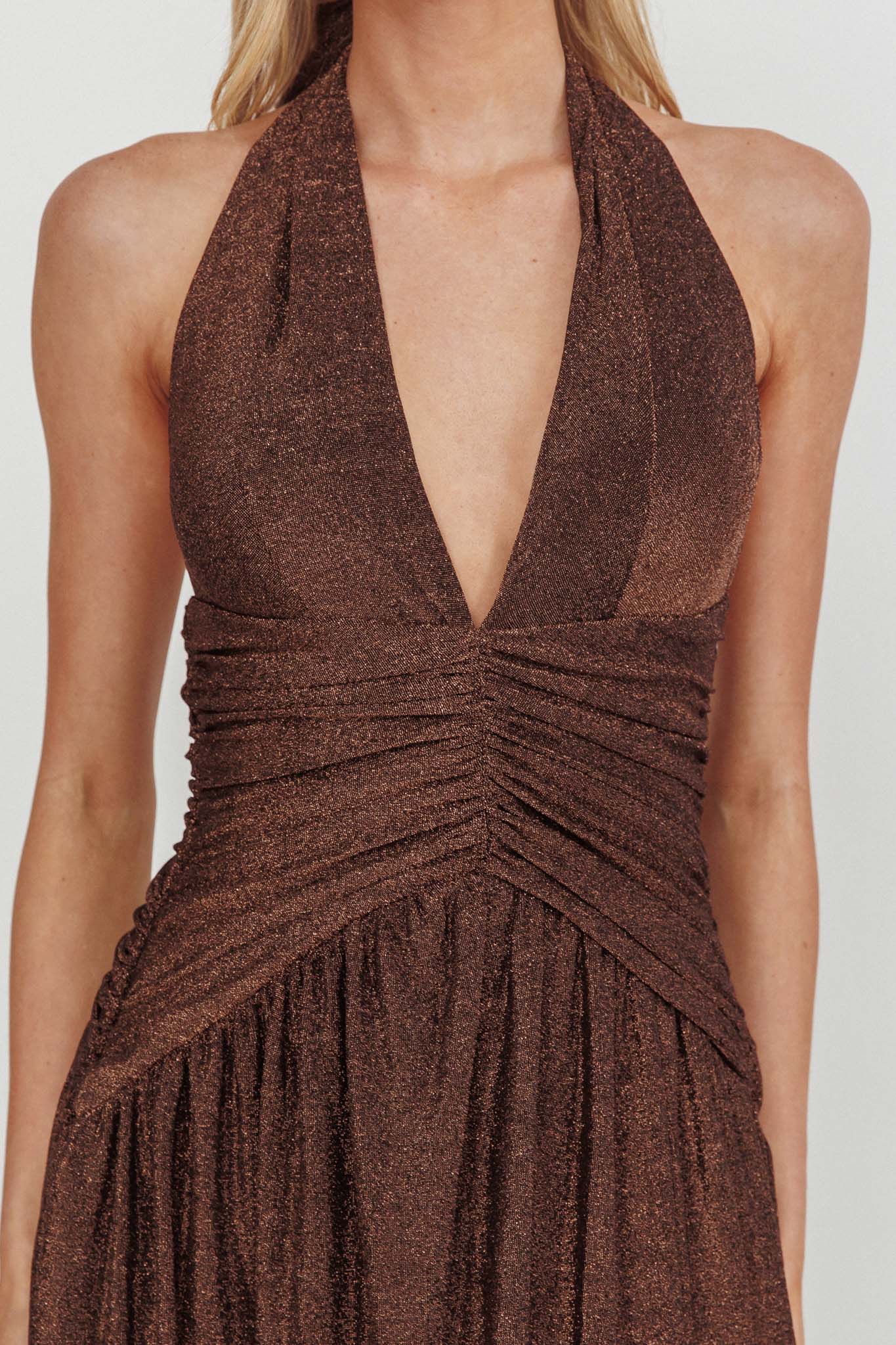 Italia Azure Gathered Waist Maxi Dress Shimmer Chocolate by Selfie Leslie Australia