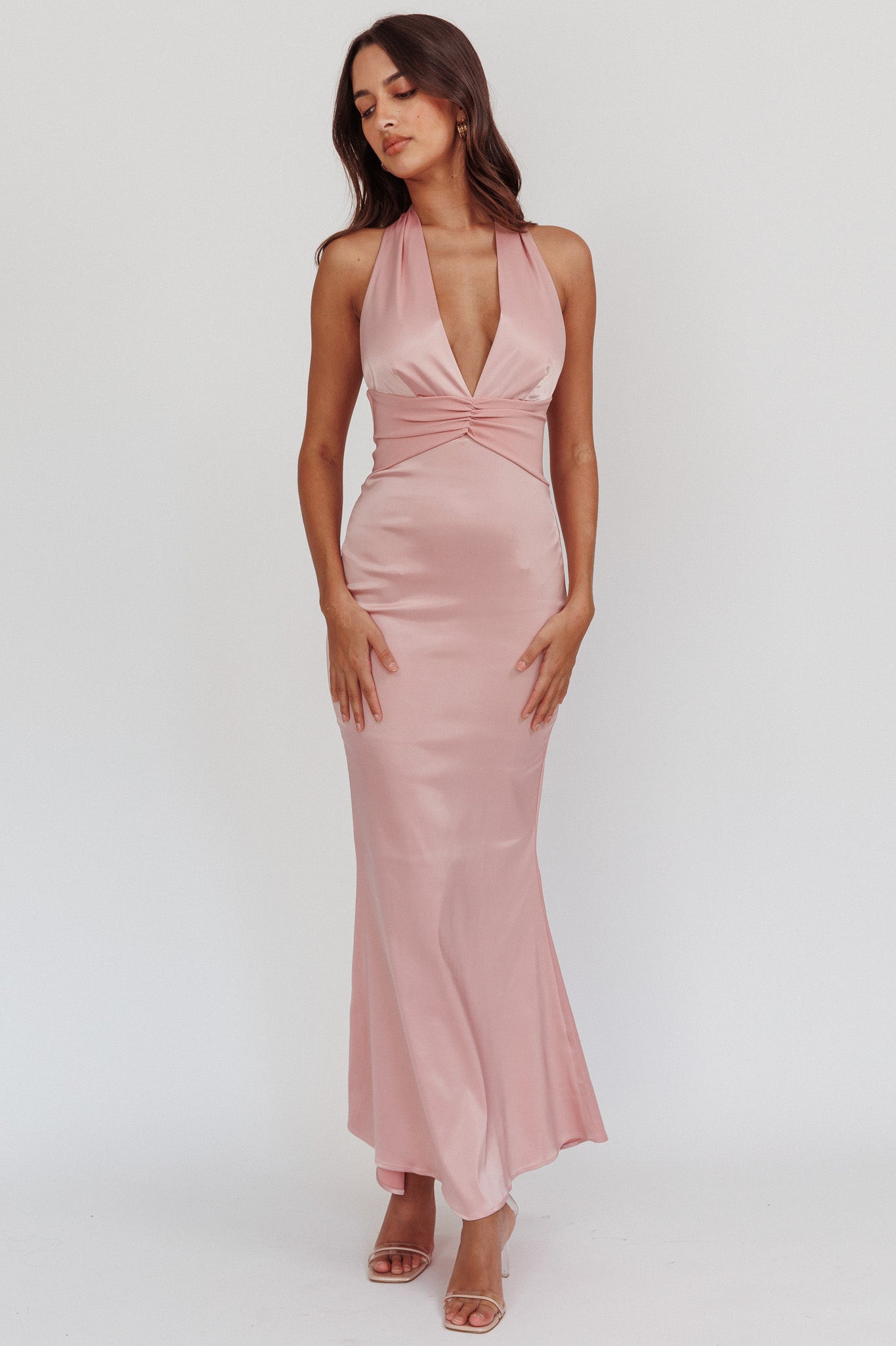 Italia Azure Pleat Bodice Halterneck Maxi Dress Blush by Selfie Leslie Australia