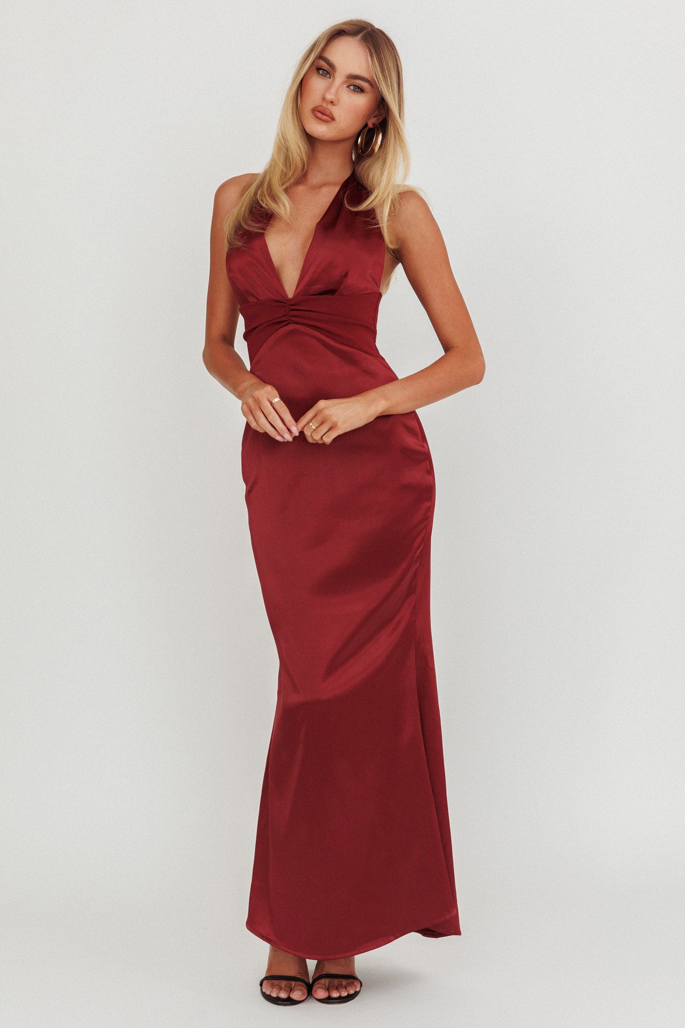 Italia Azure Pleat Bodice Halterneck Maxi Dress Wine by Selfie Leslie Australia