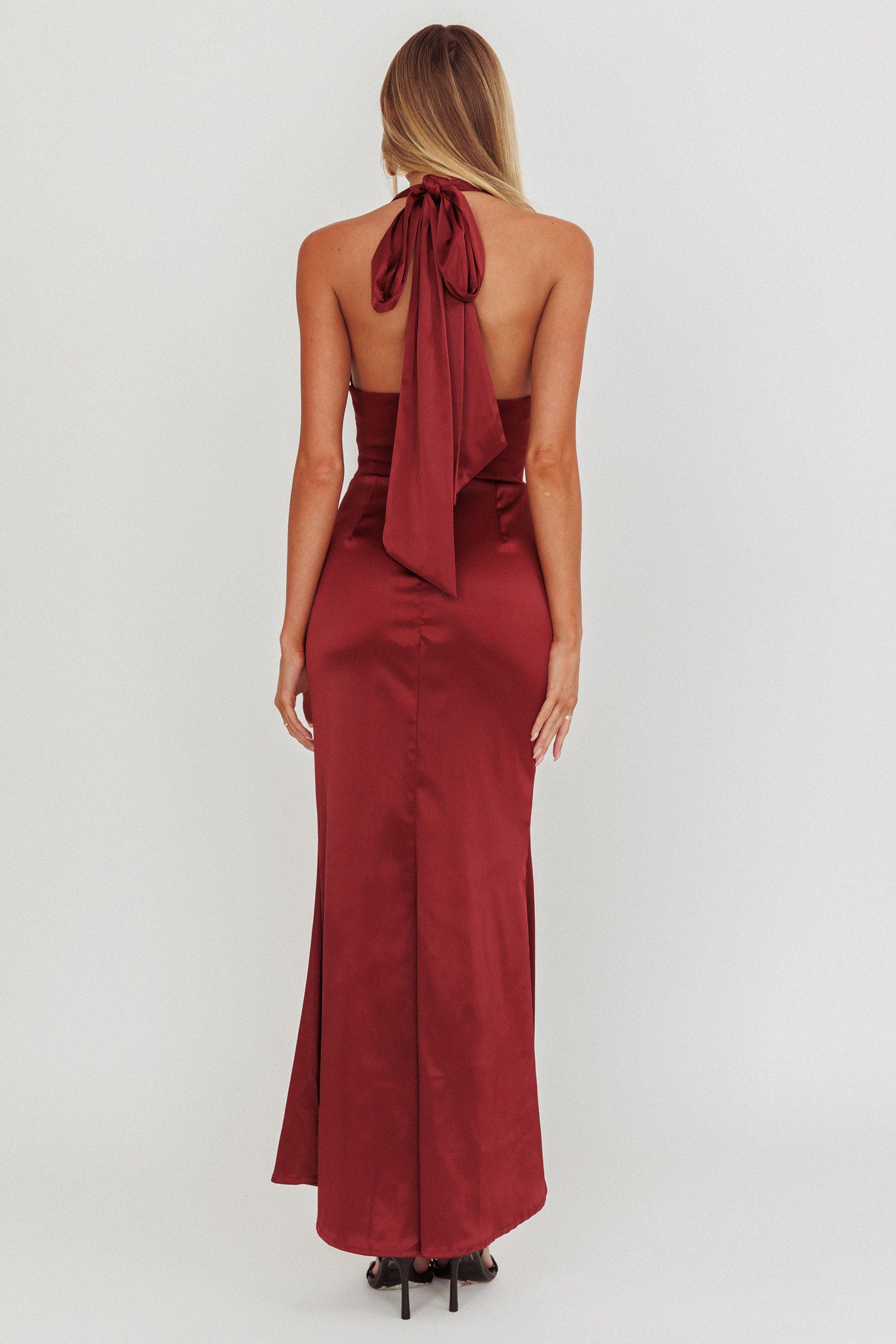 Italia Azure Pleat Bodice Halterneck Maxi Dress Wine by Selfie Leslie Australia
