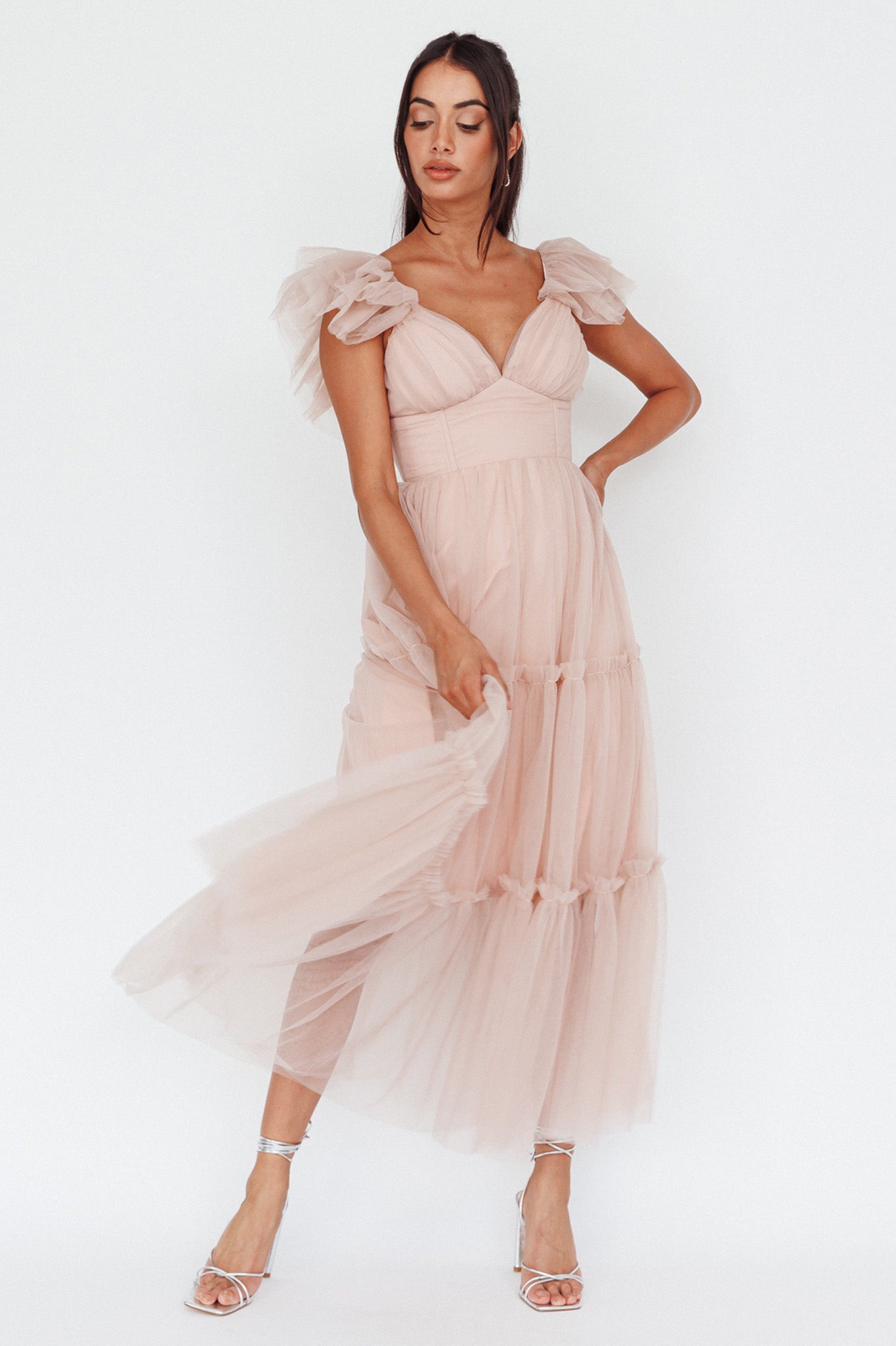 Amal Ruffle Shoulder Tulle Midi Dress Nude by Selfie Leslie Australia