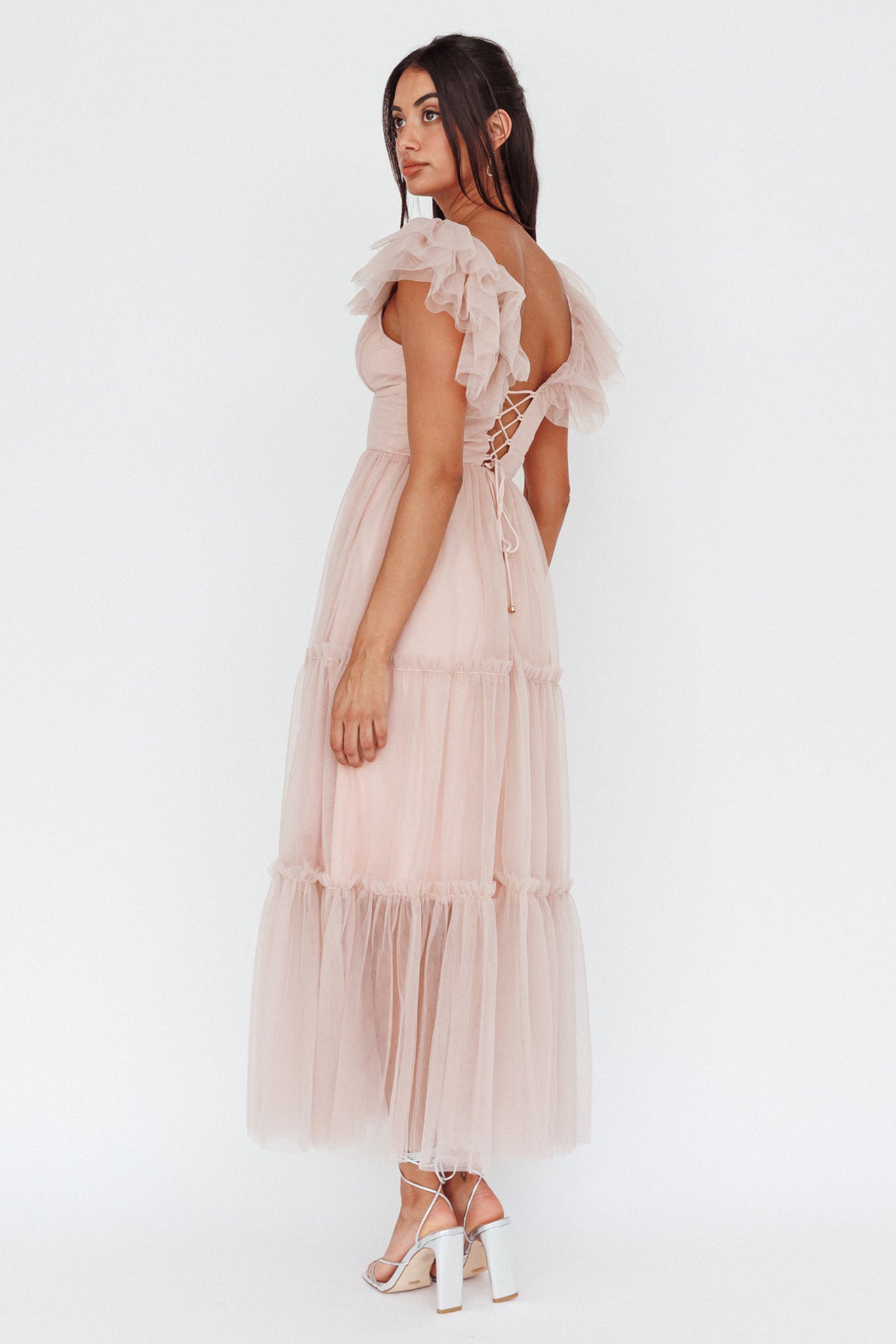 Amal Ruffle Shoulder Tulle Midi Dress Nude by Selfie Leslie Australia