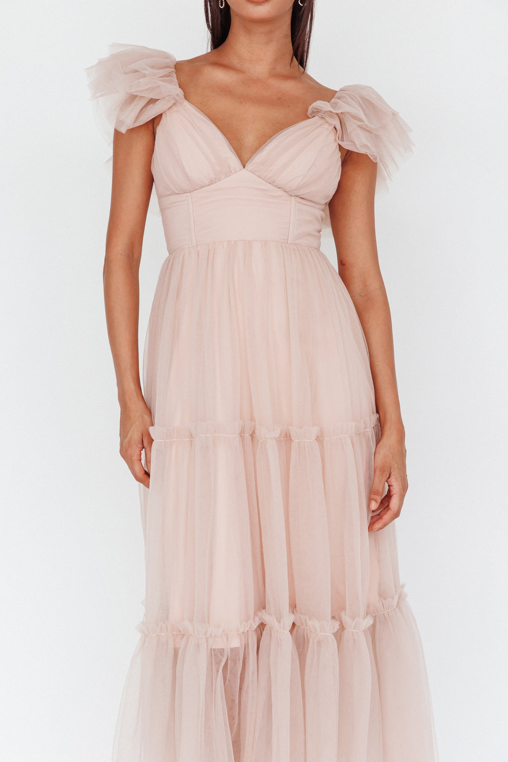 Amal Ruffle Shoulder Tulle Midi Dress Nude by Selfie Leslie Australia