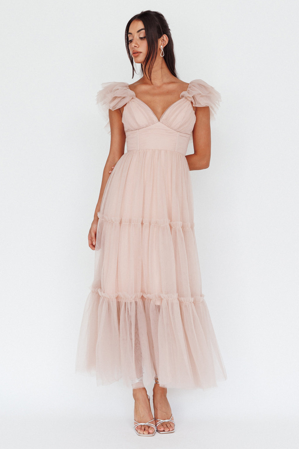 Amal Ruffle Shoulder Tulle Midi Dress Nude by Selfie Leslie Australia