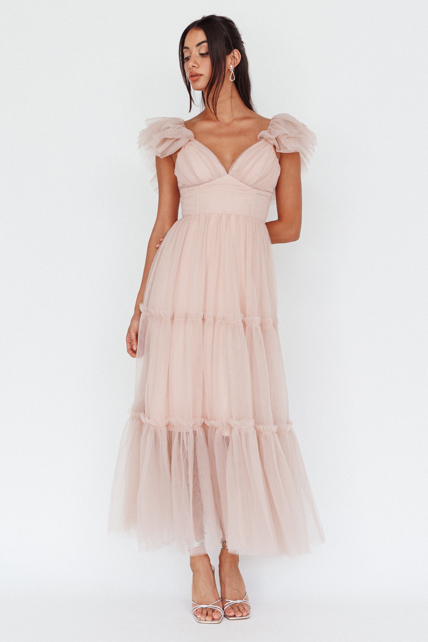 Amal Ruffle Shoulder Tulle Midi Dress Nude by Selfie Leslie Australia