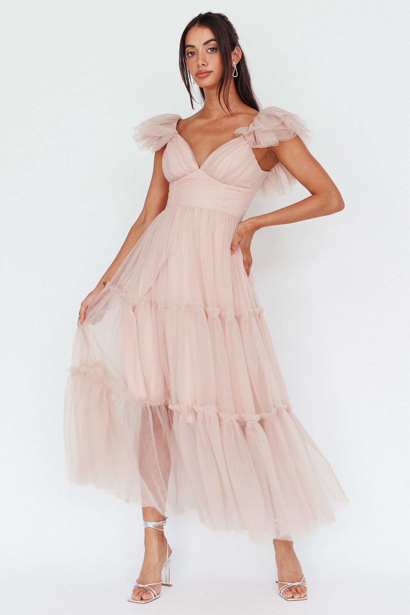 Amal Ruffle Shoulder Tulle Midi Dress Nude by Selfie Leslie Australia