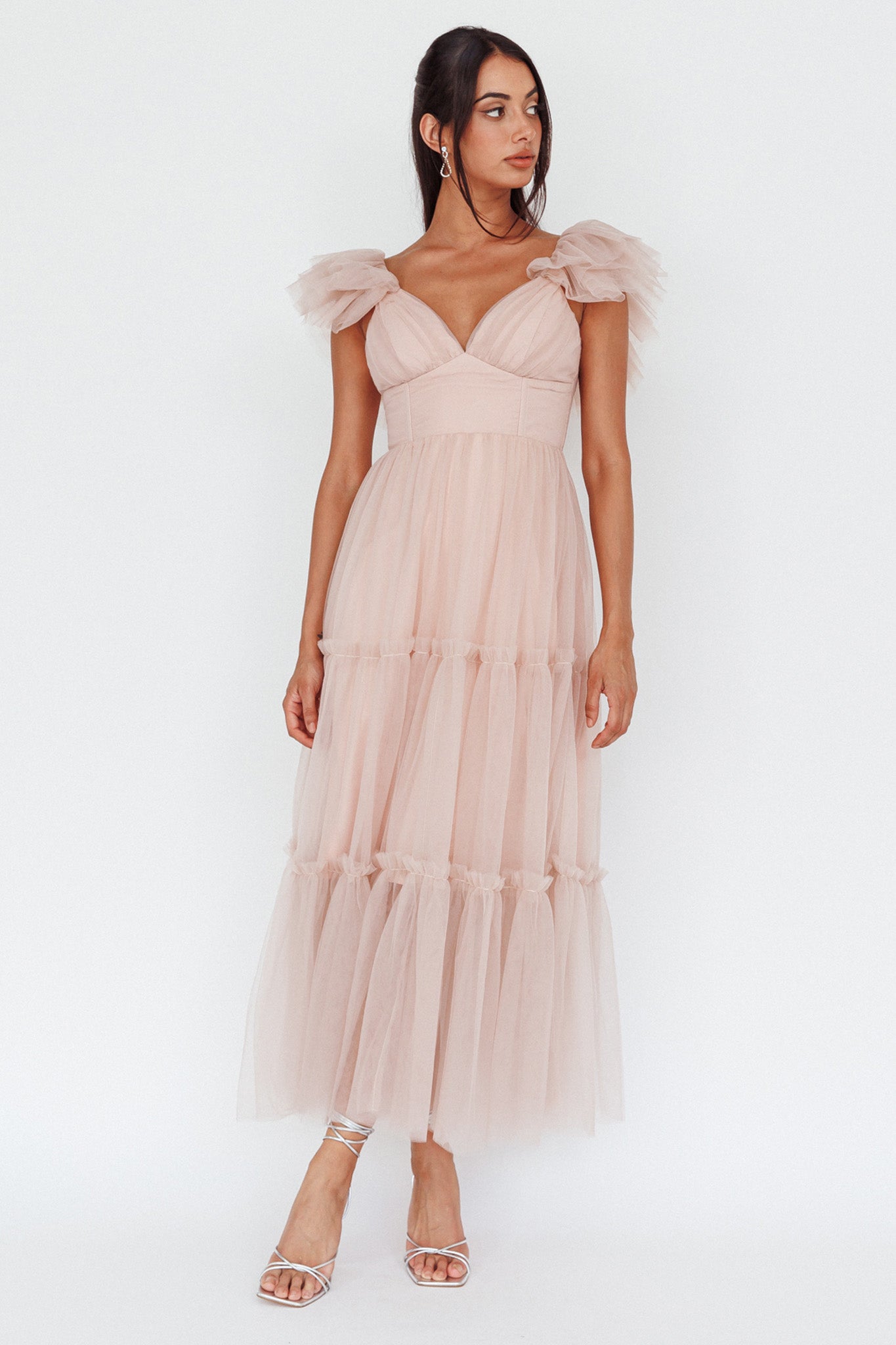 Amal Ruffle Shoulder Tulle Midi Dress Nude by Selfie Leslie Australia