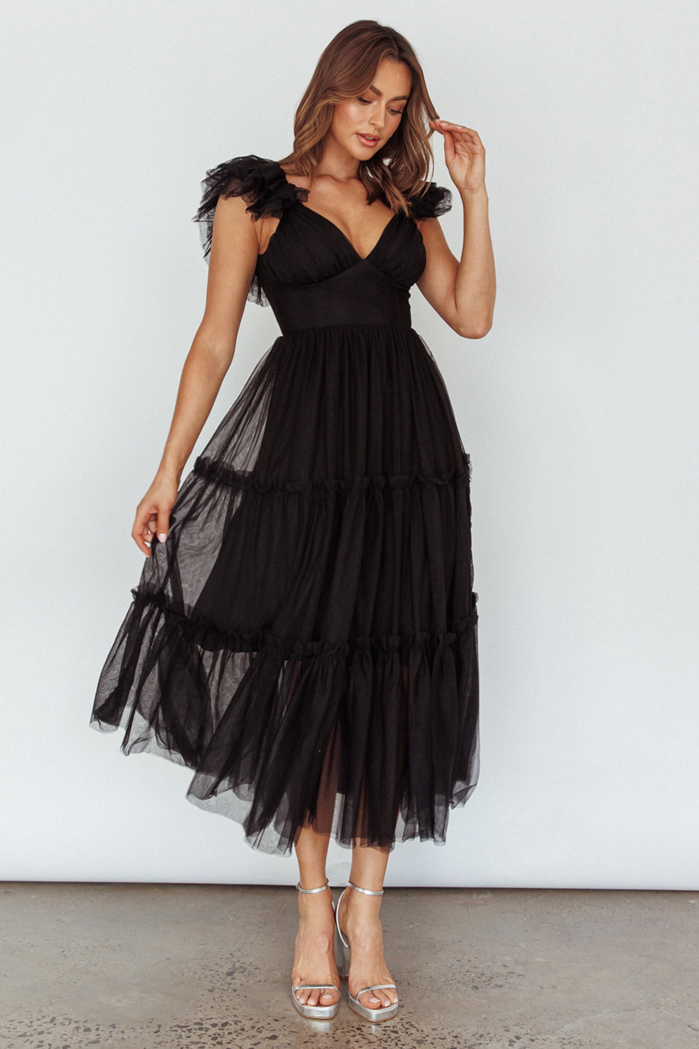 Amal Ruffle Shoulder Tulle Midi Dress Black by Selfie Leslie Australia