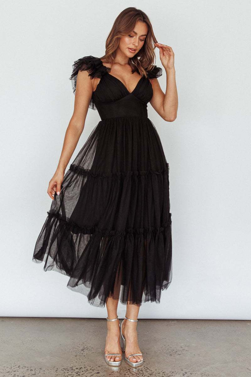 Shop the Amal Ruffle Shoulder Tulle Midi Dress Black | Selfie Leslie ...