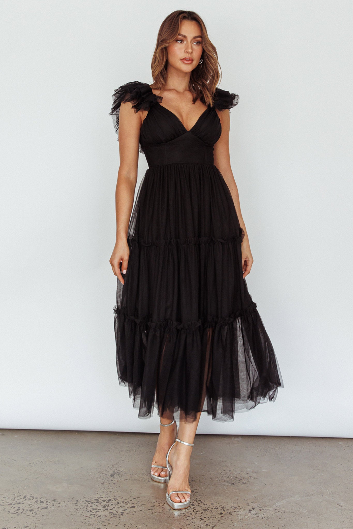 Amal Ruffle Shoulder Tulle Midi Dress Black by Selfie Leslie Australia
