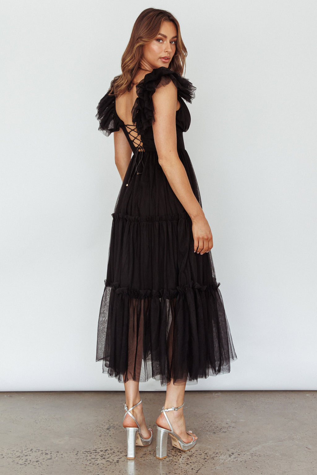Amal Ruffle Shoulder Tulle Midi Dress Black by Selfie Leslie Australia