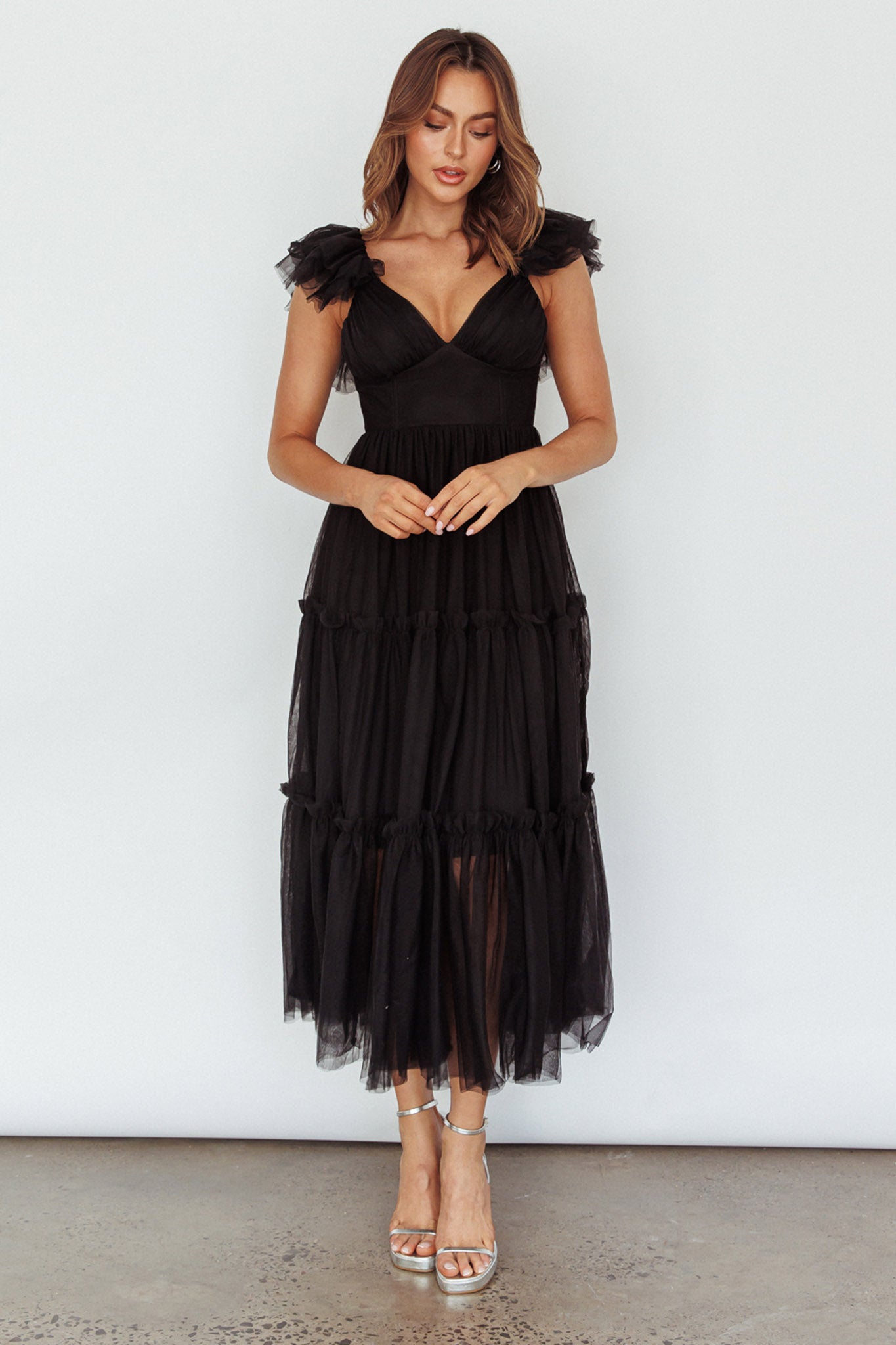 Amal Ruffle Shoulder Tulle Midi Dress Black by Selfie Leslie Australia