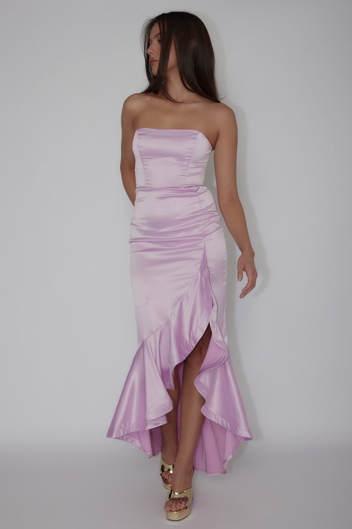 Diony Strapless Ruffle Hem Midi Dress Pink by Selfie Leslie Australia