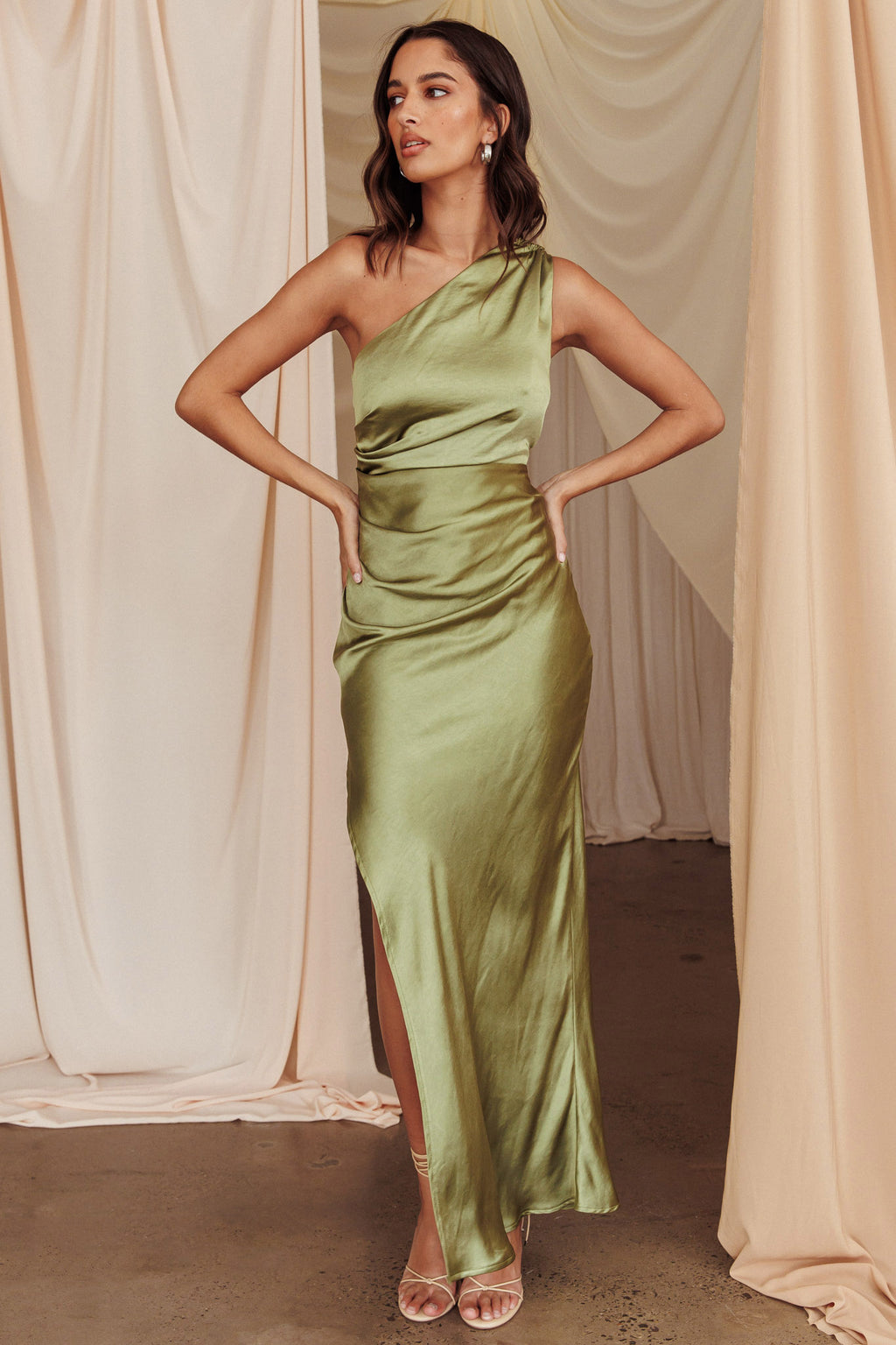 Kamillia One-Shoulder Split Maxi Dress Olive by Selfie Leslie Australia