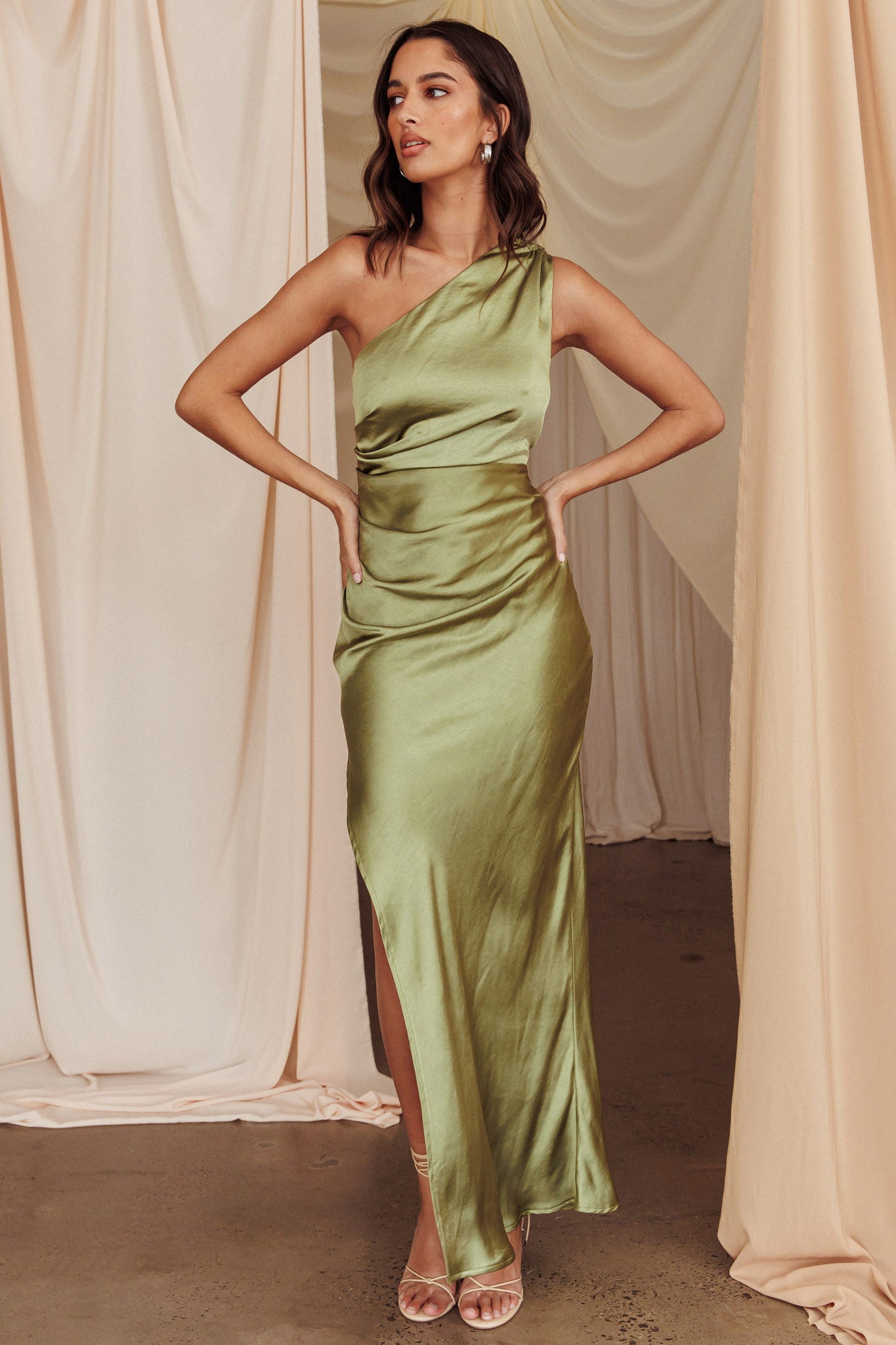 Kamillia One-Shoulder Split Maxi Dress Olive by Selfie Leslie Australia