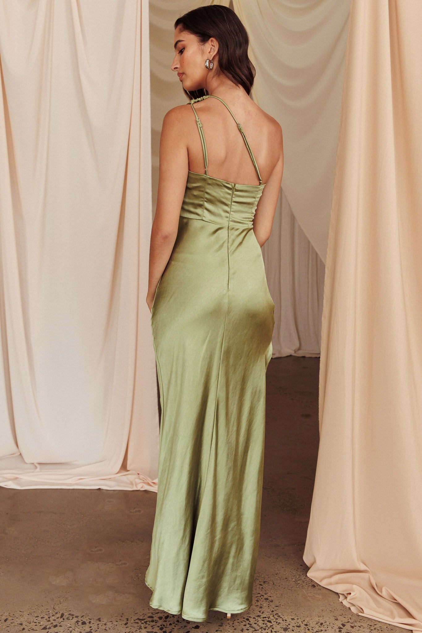 Kamillia One-Shoulder Split Maxi Dress Olive by Selfie Leslie Australia