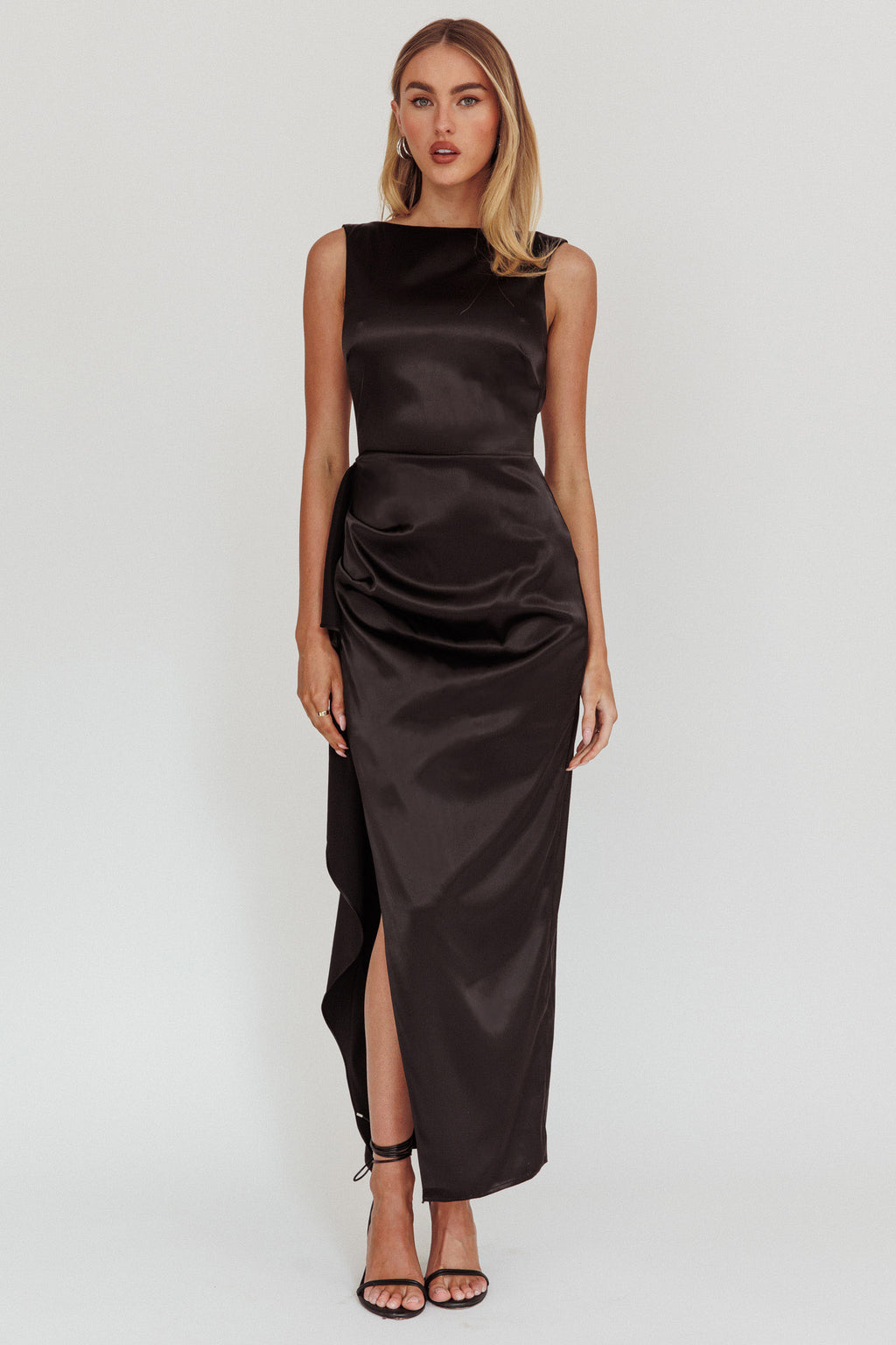 Kamillia Boat Neck Split Maxi Dress Black by Selfie Leslie Australia
