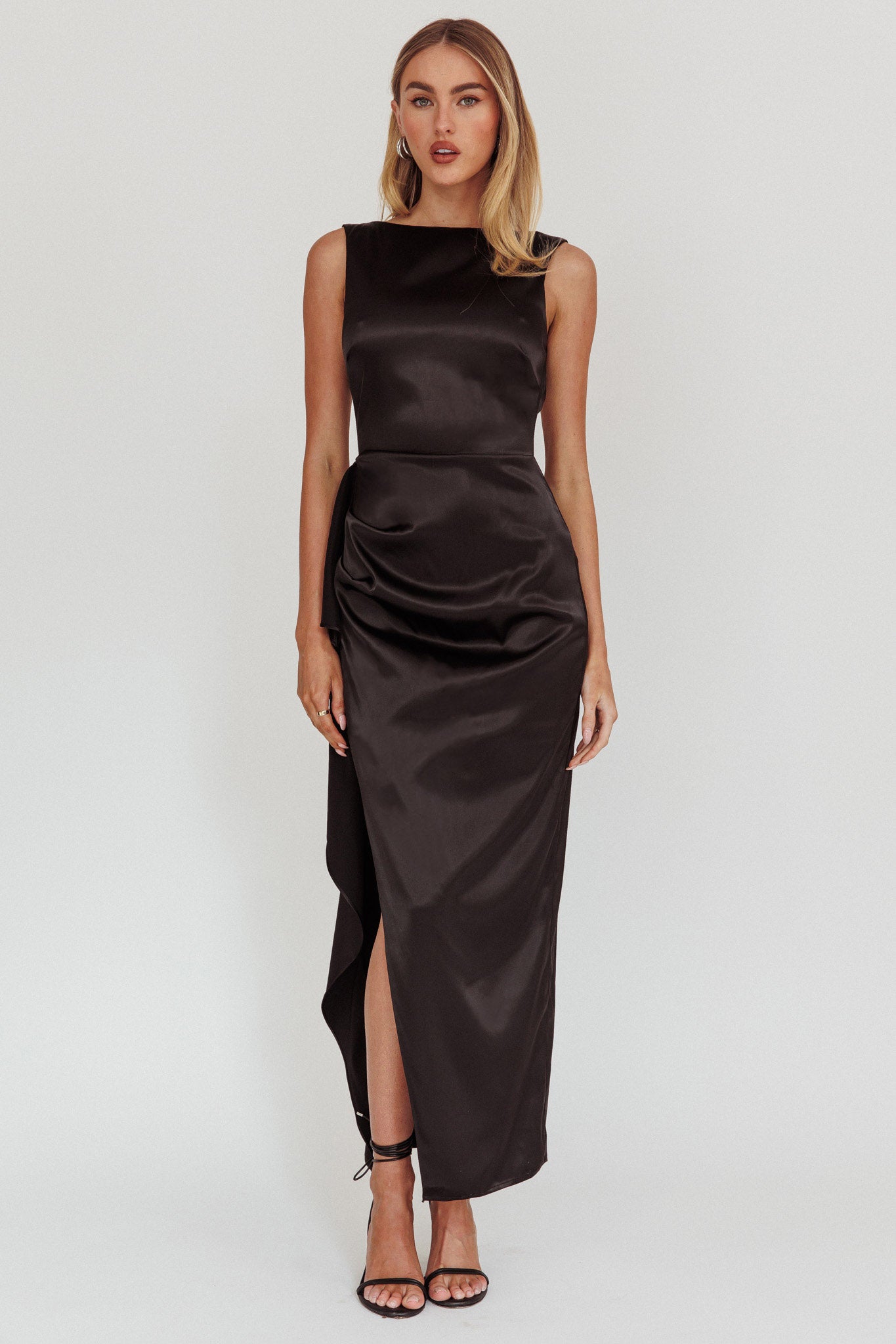 Kamillia Boat Neck Split Maxi Dress Black by Selfie Leslie Australia