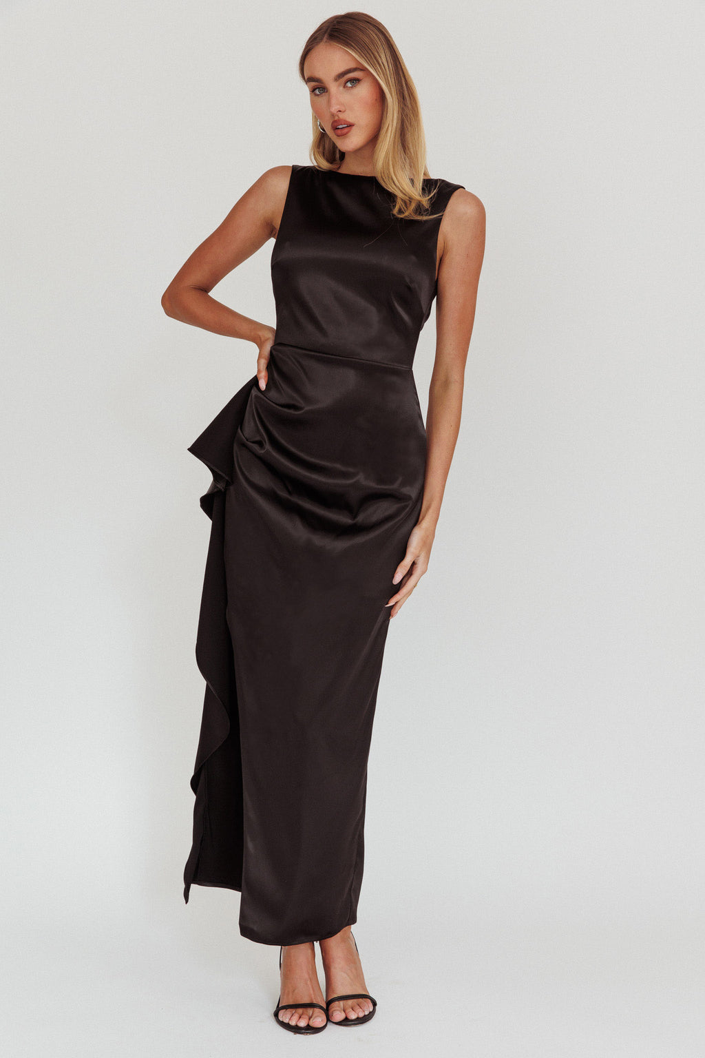 Kamillia Boat Neck Split Maxi Dress Black by Selfie Leslie Australia