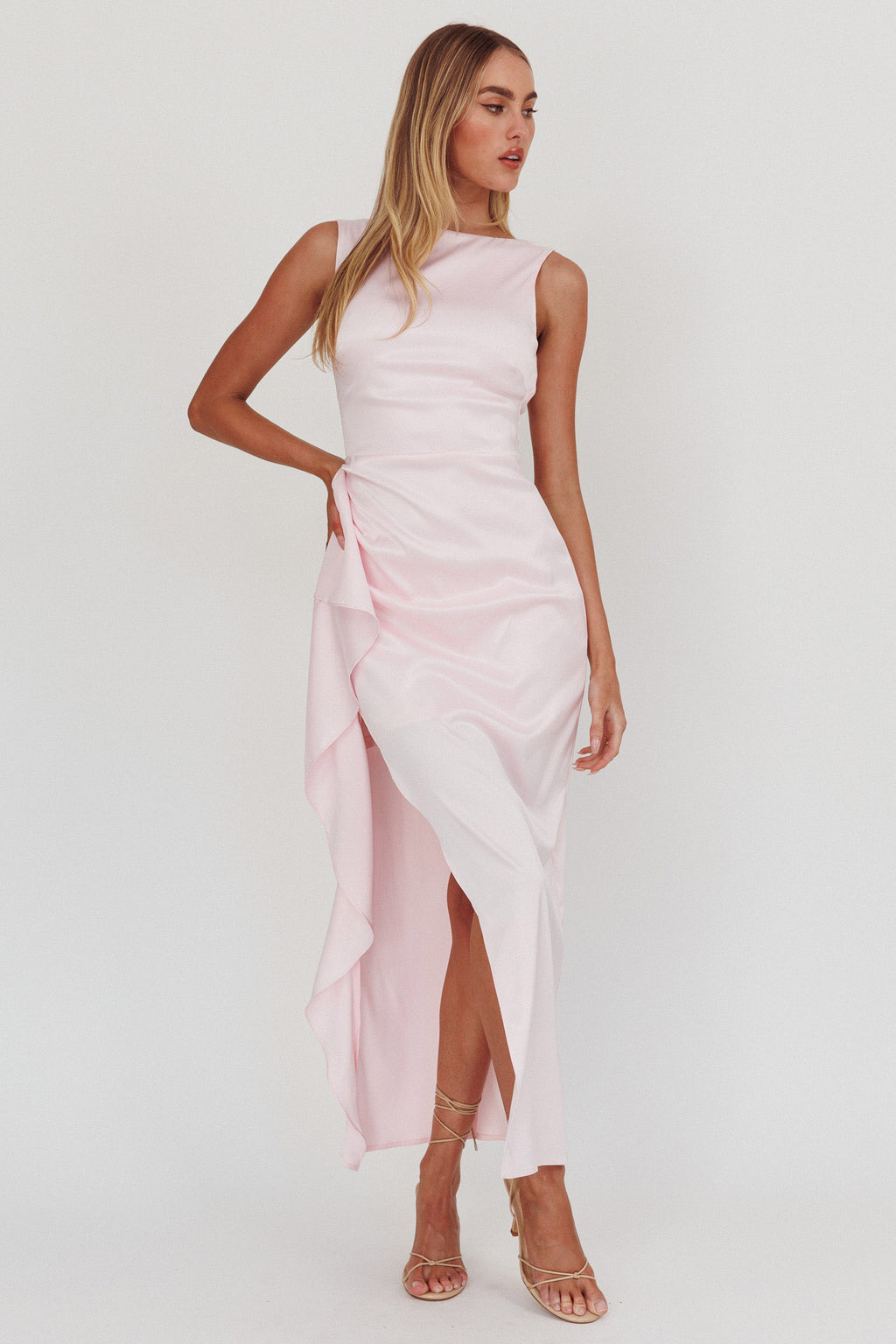 Kamillia Boat Neck Split Maxi Dress Ice Pink by Selfie Leslie Australia
