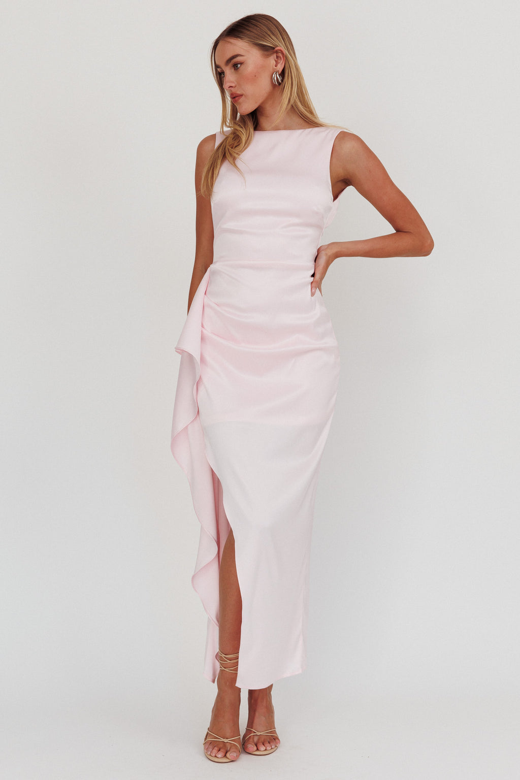 Kamillia Boat Neck Split Maxi Dress Ice Pink by Selfie Leslie Australia