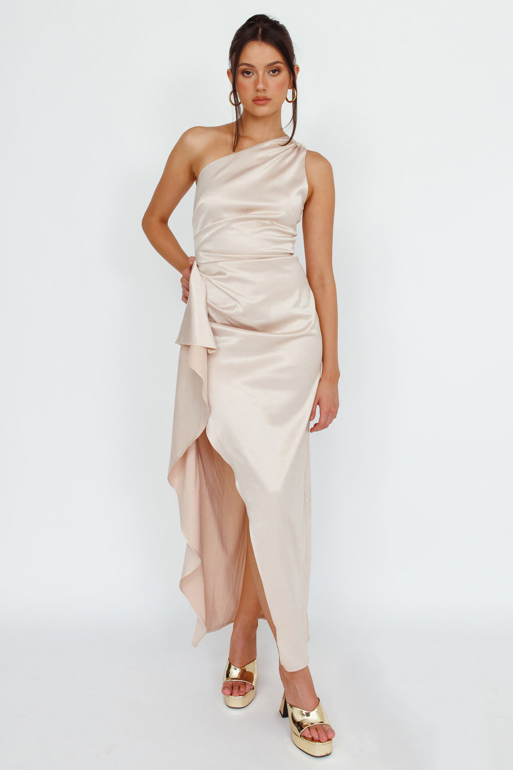 Kamillia One-Shoulder Split Midi Dress Champagne by Selfie Leslie Australia