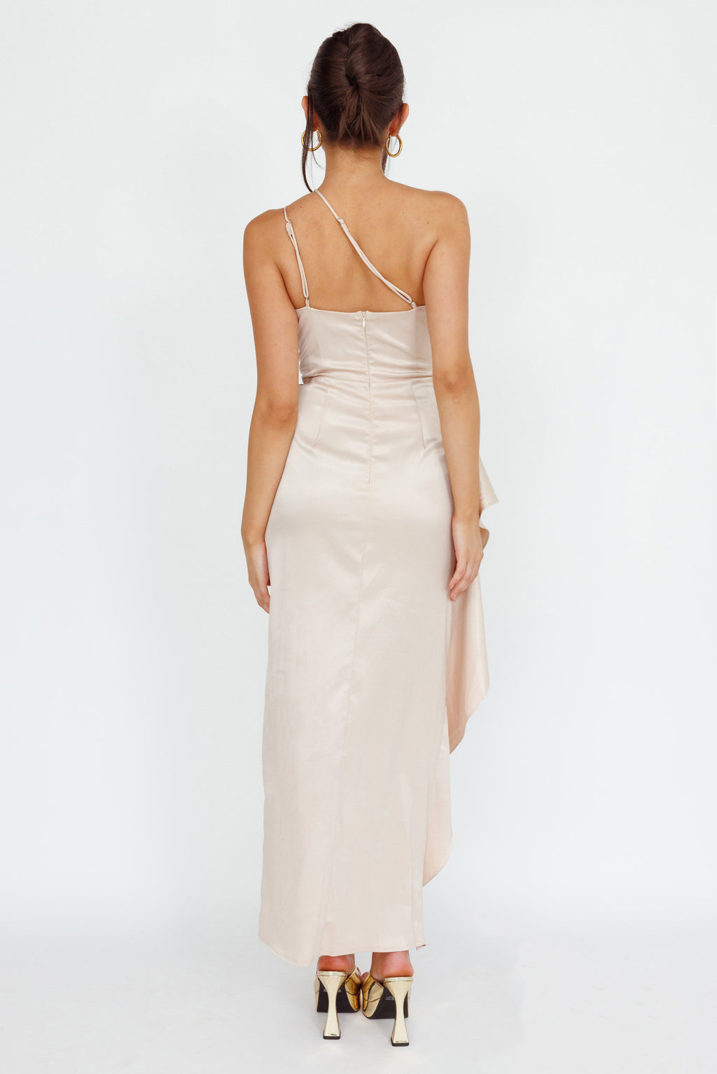 Kamillia One-Shoulder Split Midi Dress Champagne by Selfie Leslie Australia
