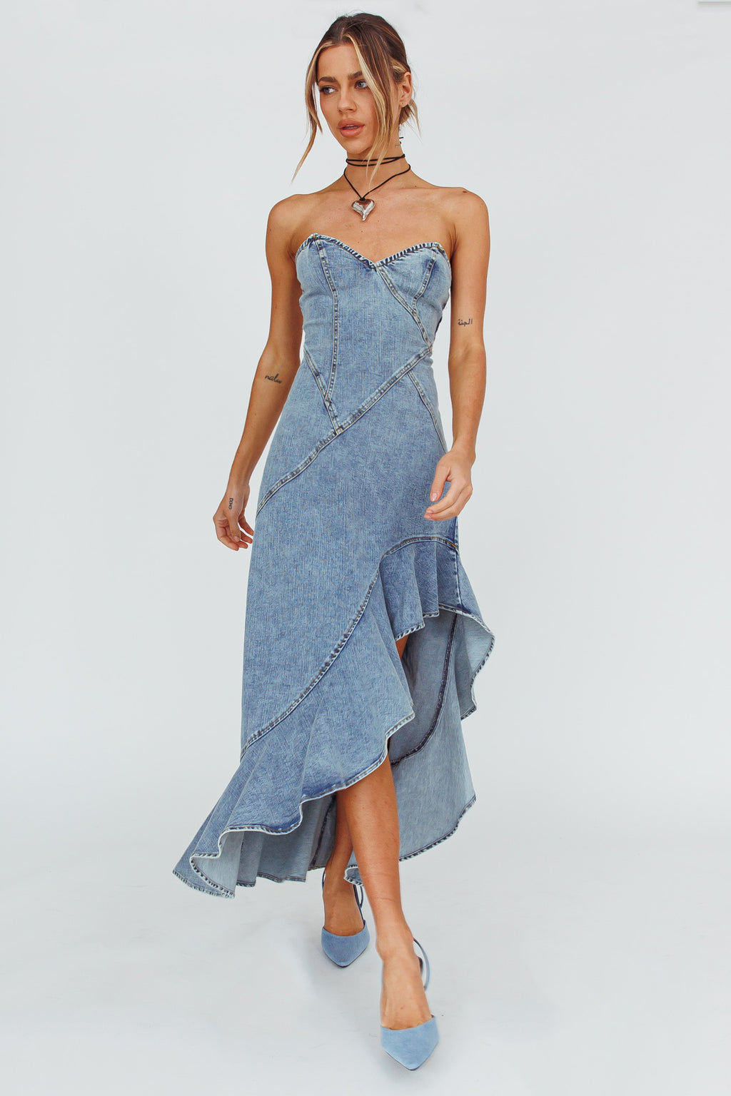 Moon Sweetheart Neckline Ruffle Midi Dress Denim by Selfie Leslie Australia