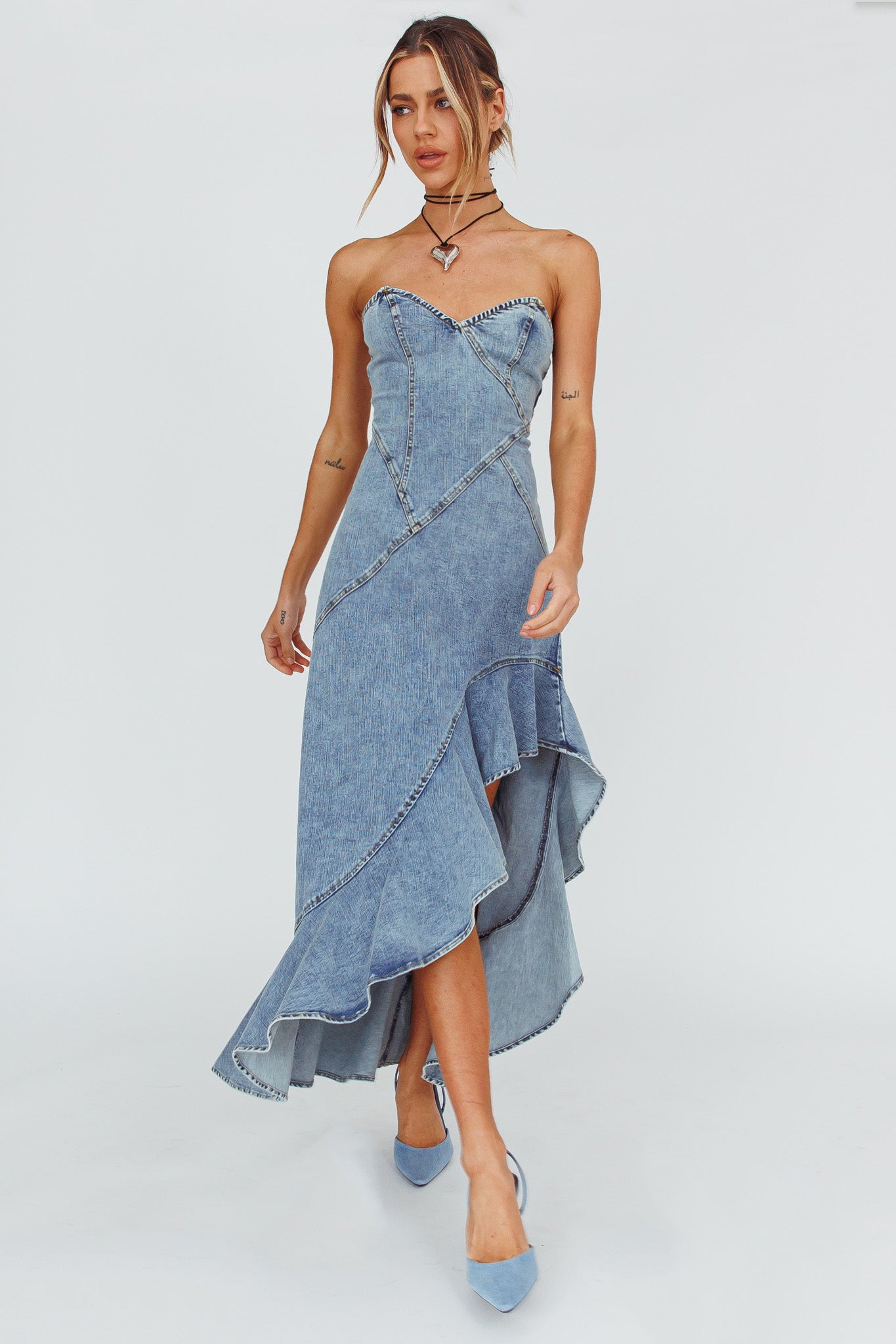 Moon Sweetheart Neckline Ruffle Midi Dress Denim by Selfie Leslie Australia