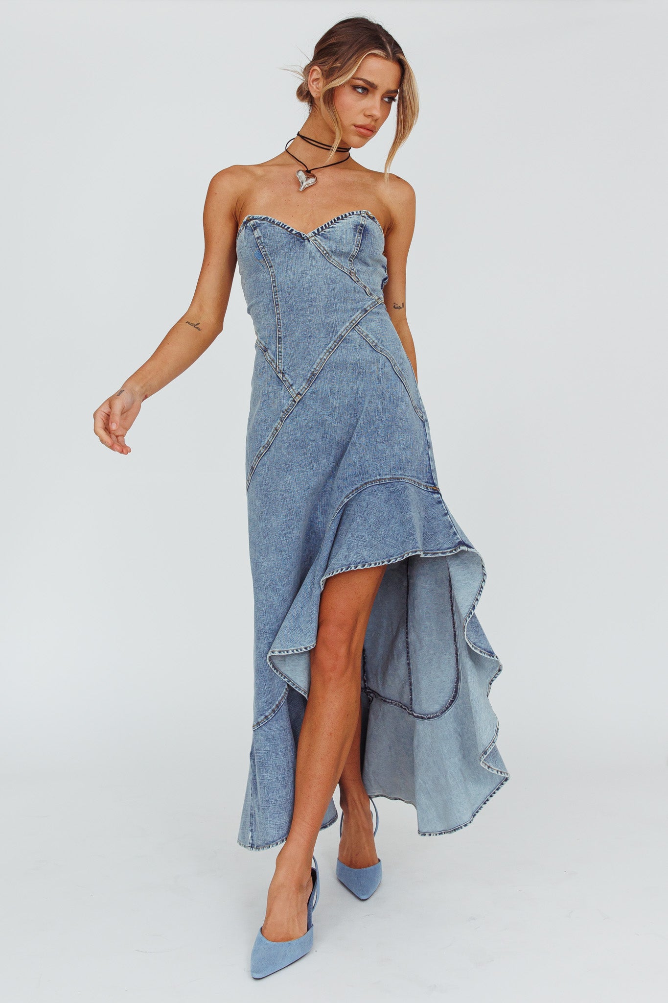 Moon Sweetheart Neckline Ruffle Midi Dress Denim by Selfie Leslie Australia