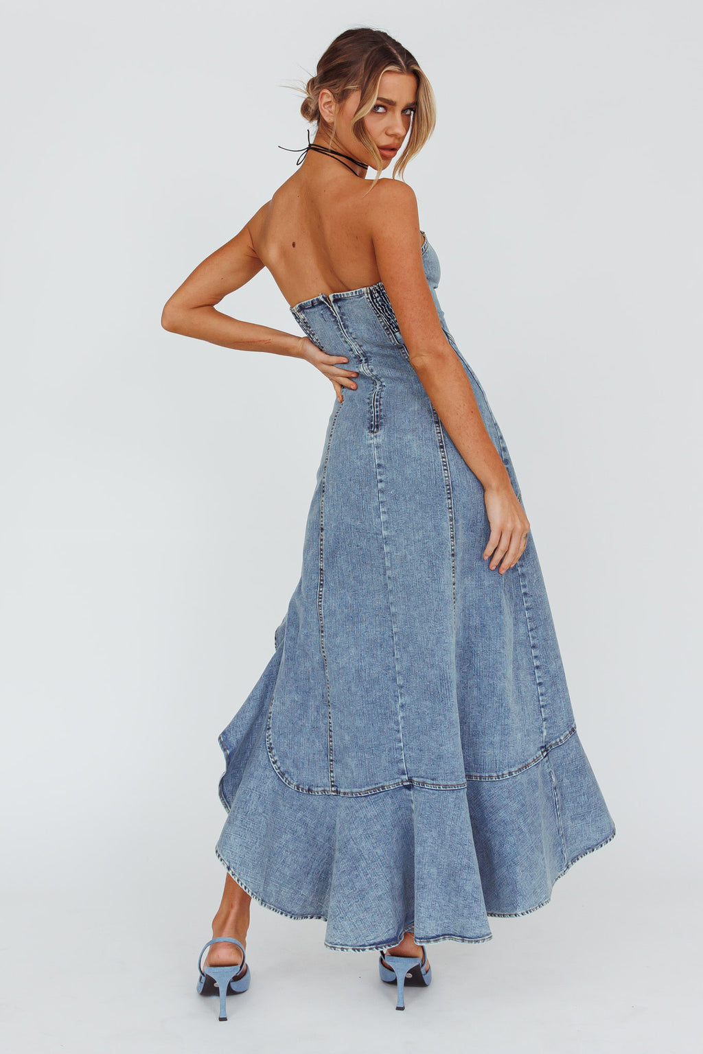 Moon Sweetheart Neckline Ruffle Midi Dress Denim by Selfie Leslie Australia