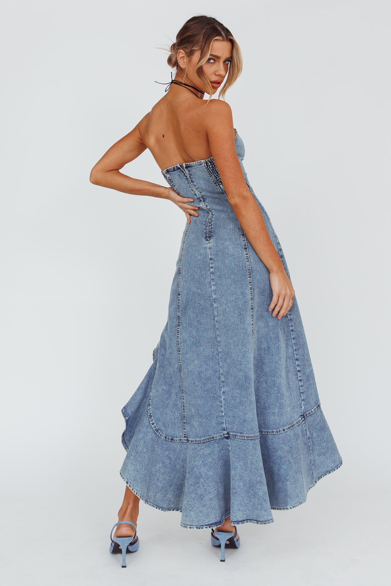 Moon Sweetheart Neckline Ruffle Midi Dress Denim by Selfie Leslie Australia